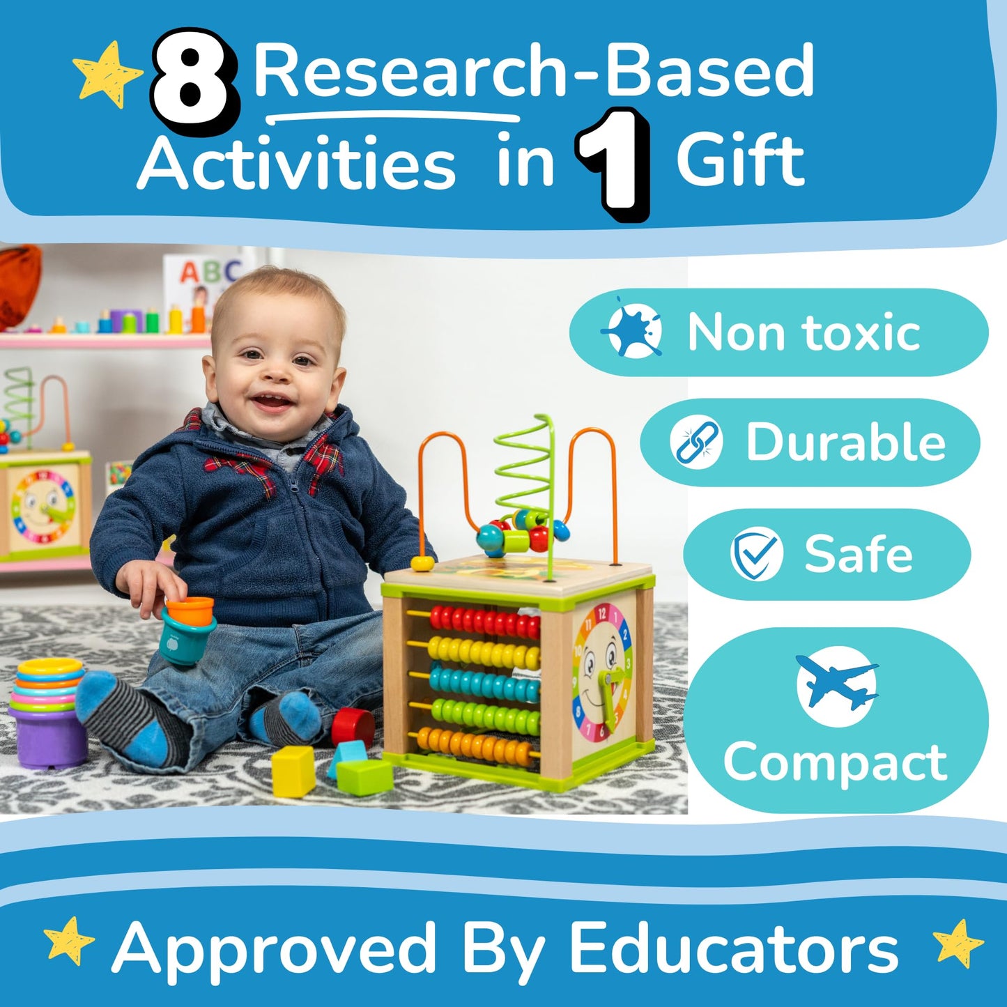 TOYVENTIVE Wooden Kids Activity Cube – 5-in-1 Bead Maze Toy for Toddlers 12-18 Months