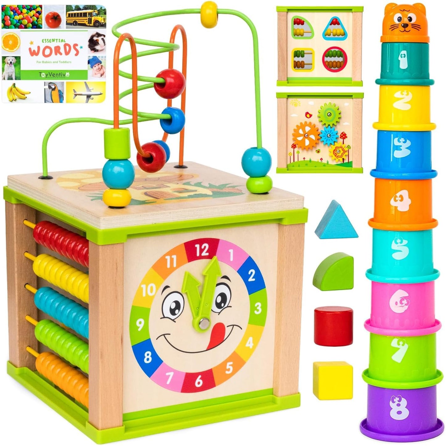 TOYVENTIVE Wooden Kids Activity Cube – 5-in-1 Bead Maze Toy for Toddlers 12-18 Months