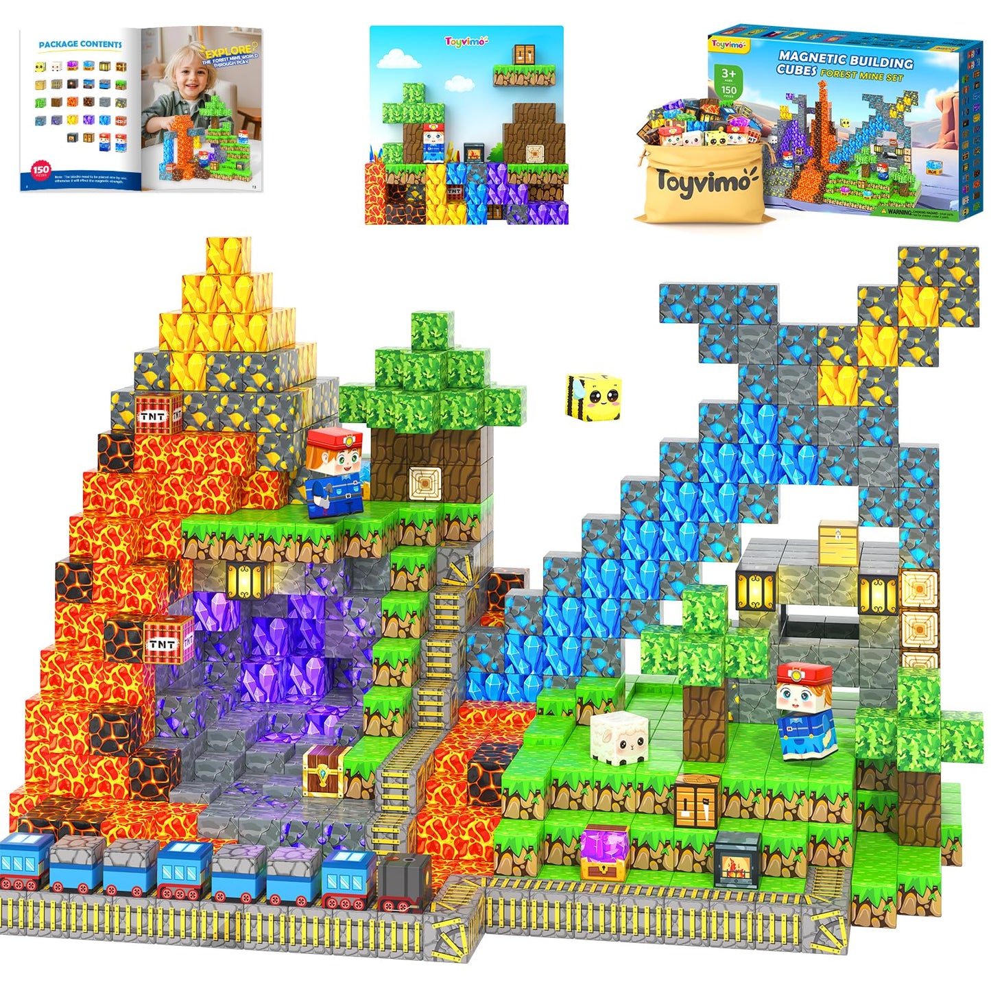 Toyvimo 150PCS Magnetic Blocks – Mine World STEM Building Tiles with Dual-Sided Magnet Board (Ages 3-10)