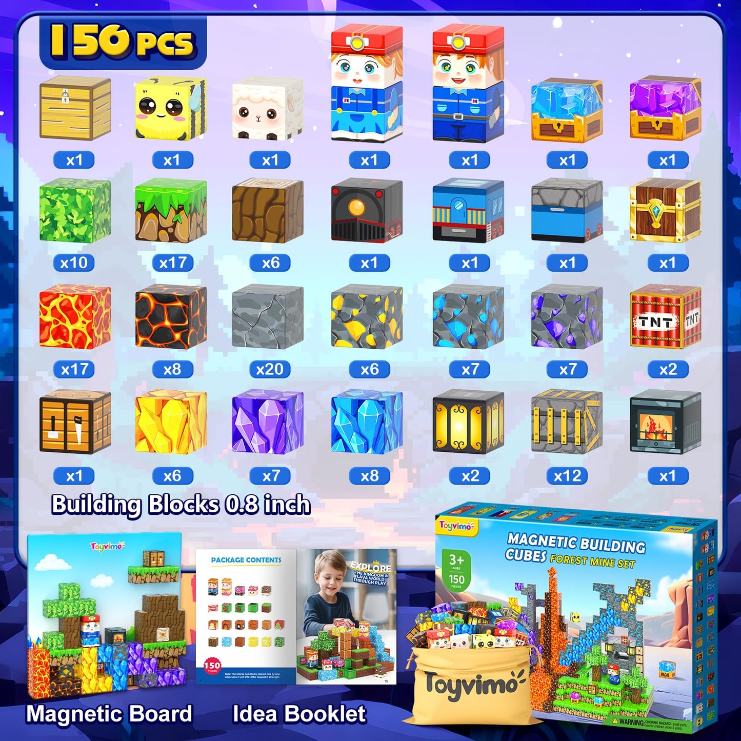 Toyvimo 150PCS Magnetic Blocks – Mine World STEM Building Tiles with Dual-Sided Magnet Board (Ages 3-10)