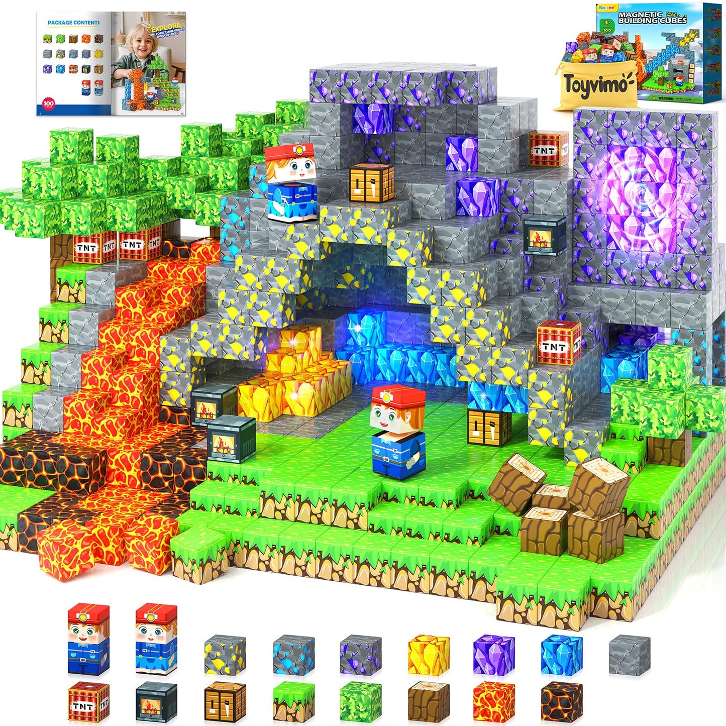 Toyvimo Magnetic Blocks 100PCS – Forest & Mine STEM Building Toys for Kids 3-12