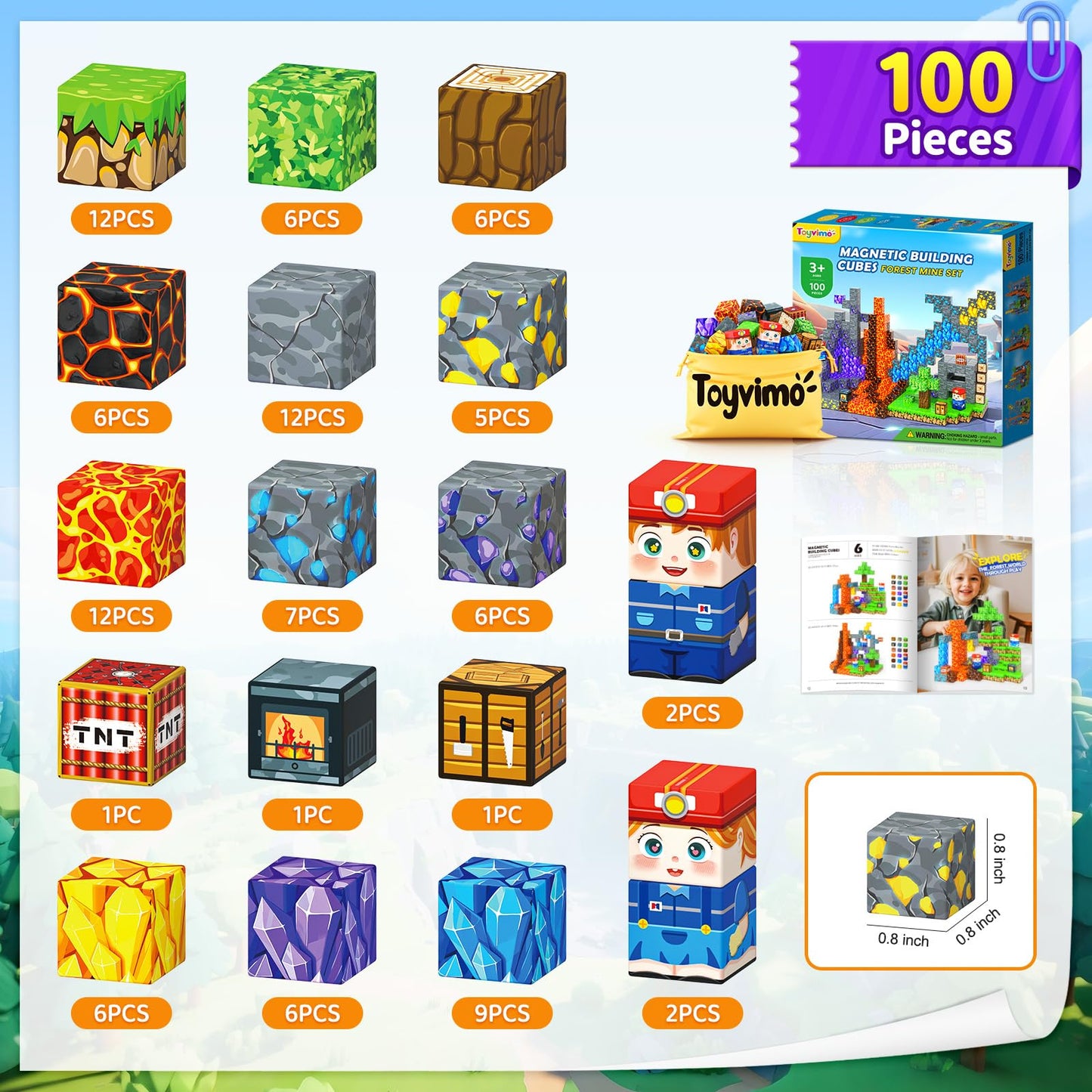 Toyvimo Magnetic Blocks 100PCS – Forest & Mine STEM Building Toys for Kids 3-12