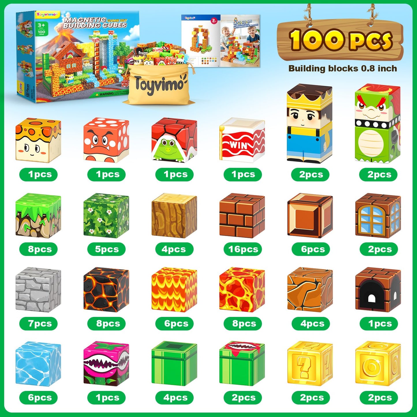 Toyvimo 100PCS Magnetic Blocks — Creative STEM Building Toys for Ages 3-12