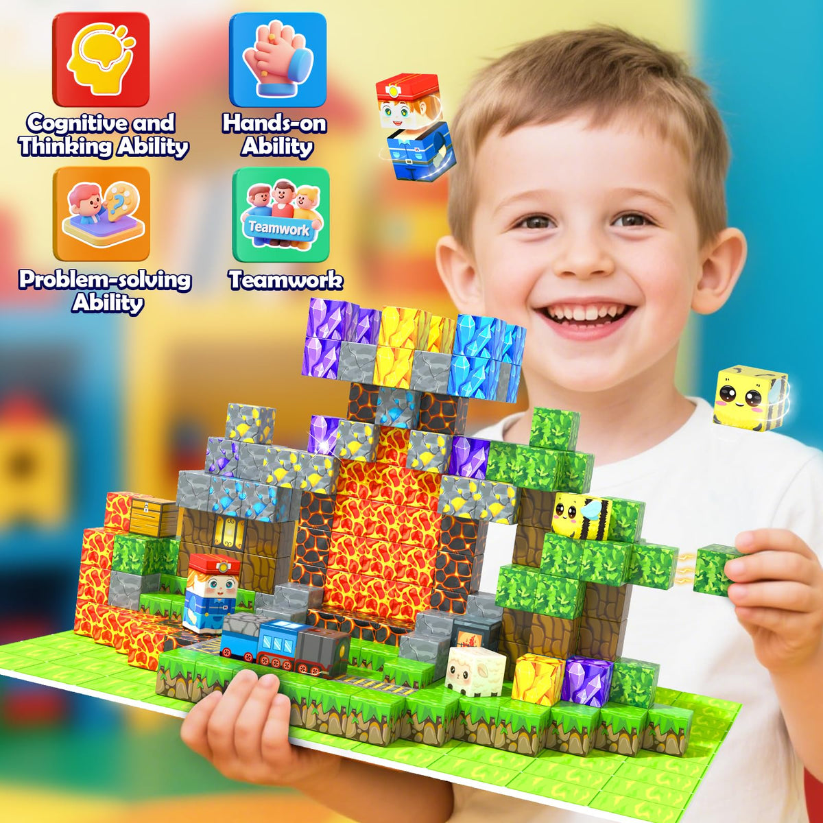 Toyvimo 150PCS Magnetic Blocks – Mine World STEM Building Tiles with Dual-Sided Magnet Board (Ages 3-10)