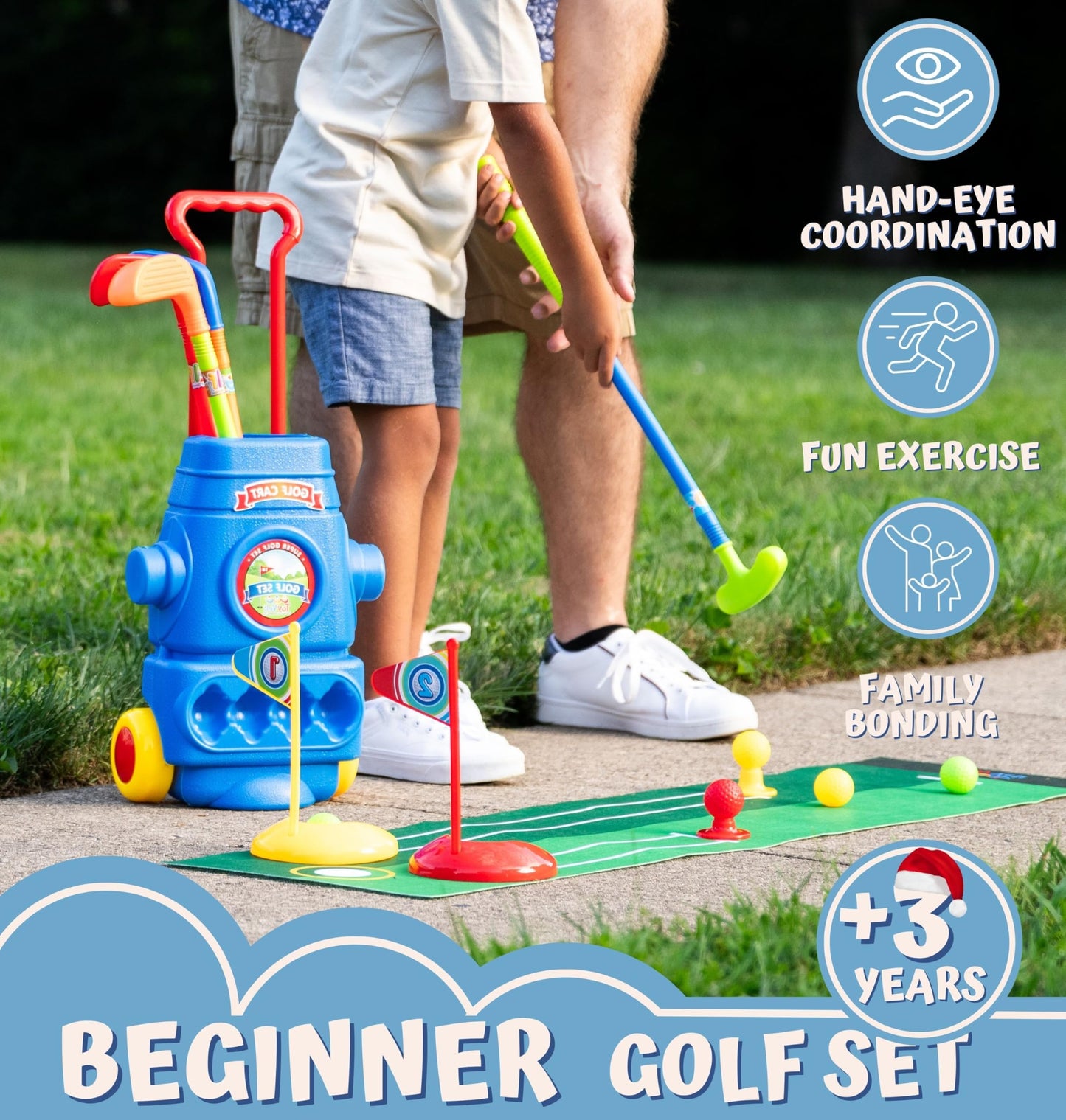 ToyVelt Toddler Golf Set Blue - 4 Lightweight Clubs, 6 Balls, 2 Holes, Putting Mat