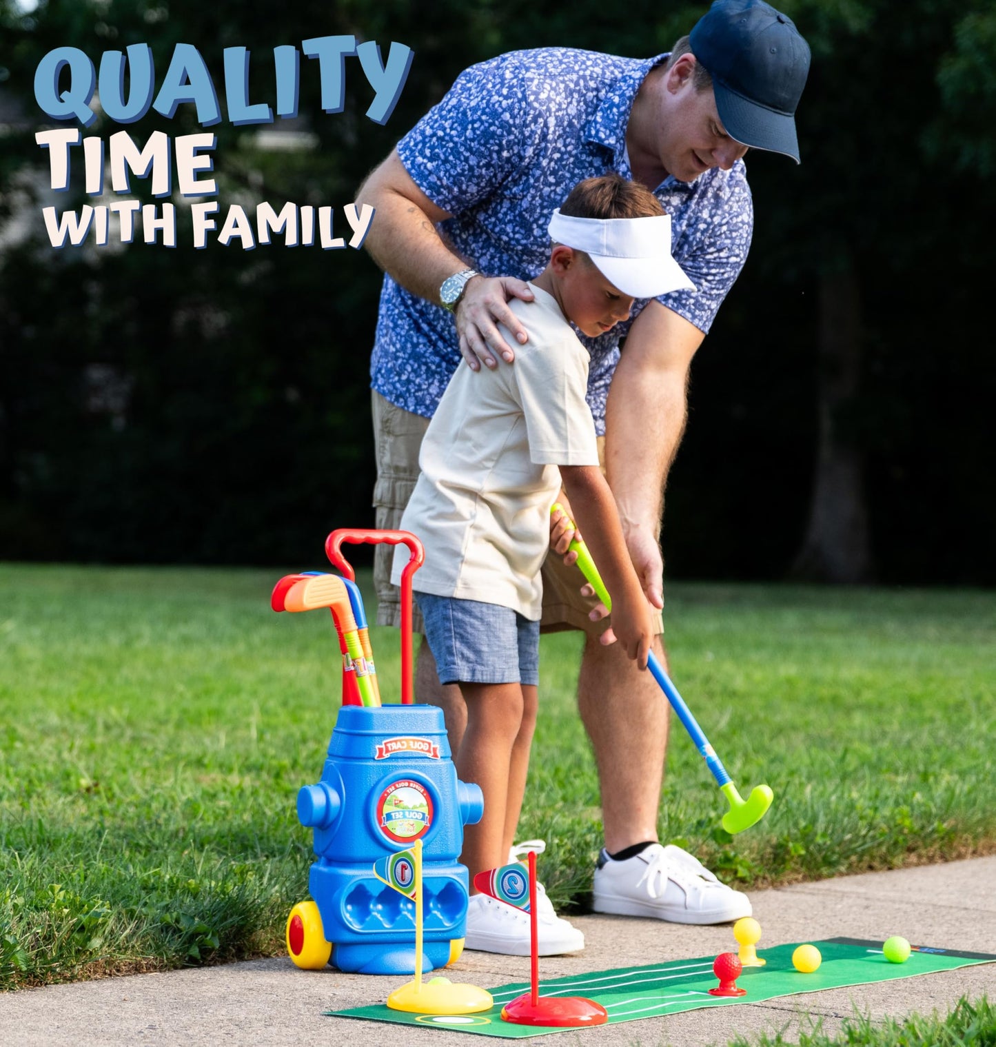 ToyVelt Toddler Golf Set Blue - 4 Lightweight Clubs, 6 Balls, 2 Holes, Putting Mat