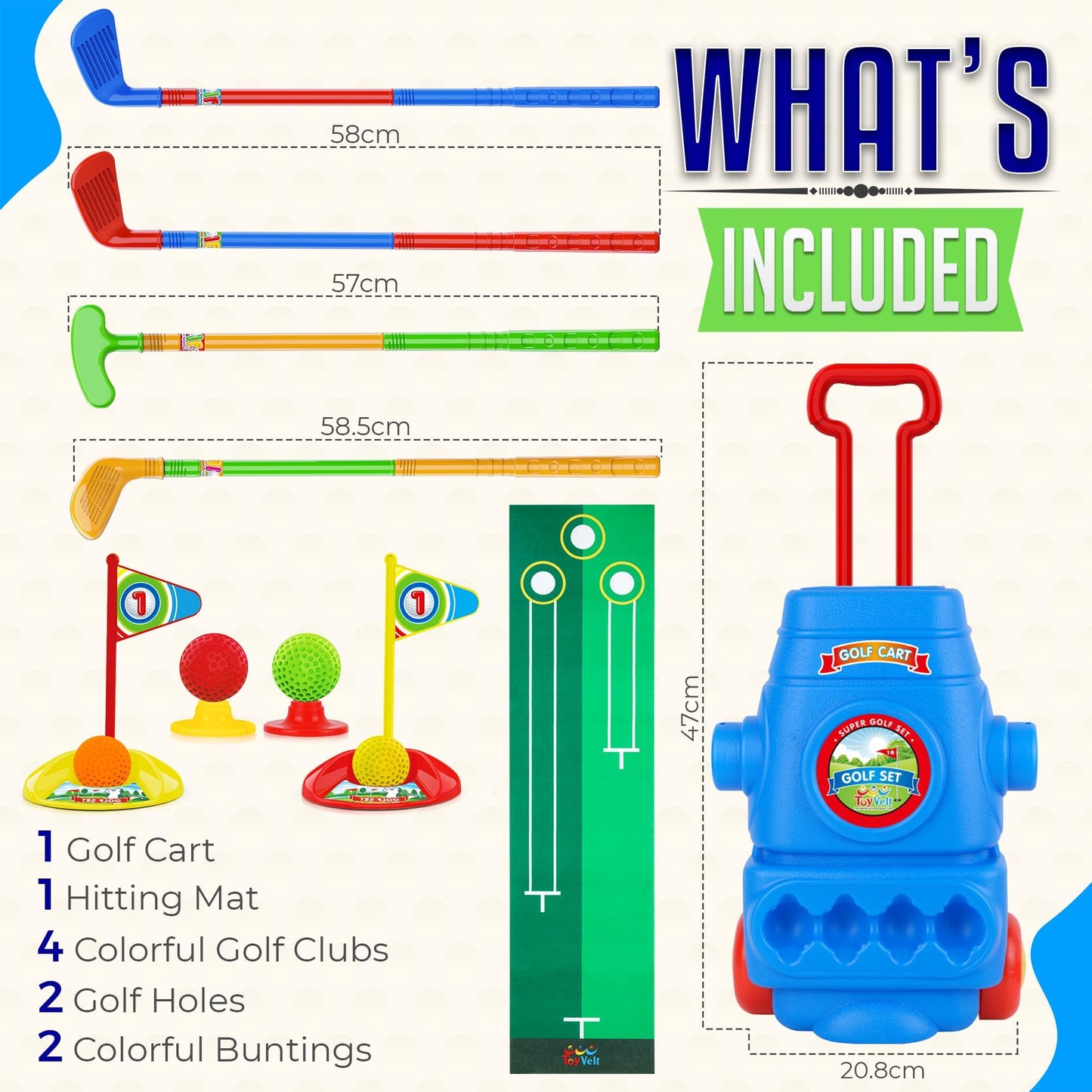 ToyVelt Toddler Golf Set Blue - 4 Lightweight Clubs, 6 Balls, 2 Holes, Putting Mat