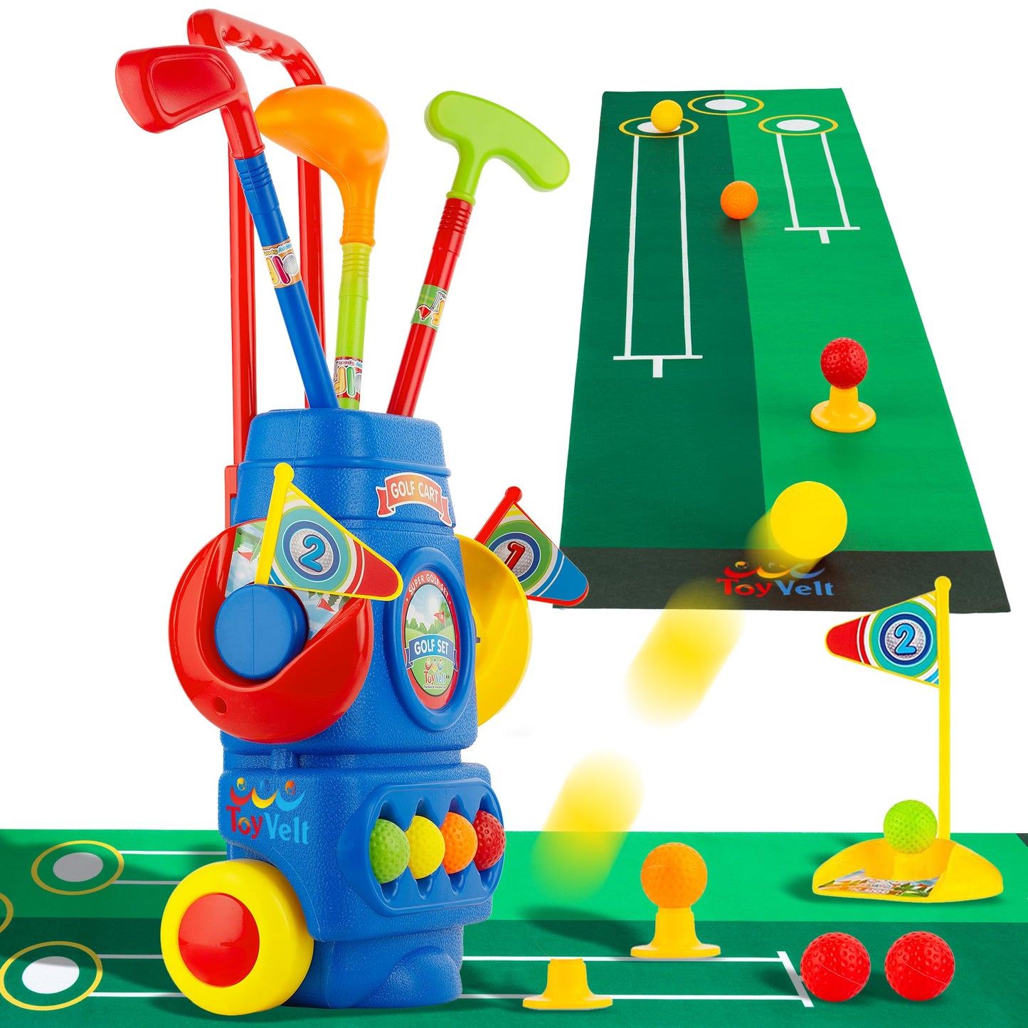 ToyVelt Toddler Golf Set Blue - 4 Lightweight Clubs, 6 Balls, 2 Holes, Putting Mat
