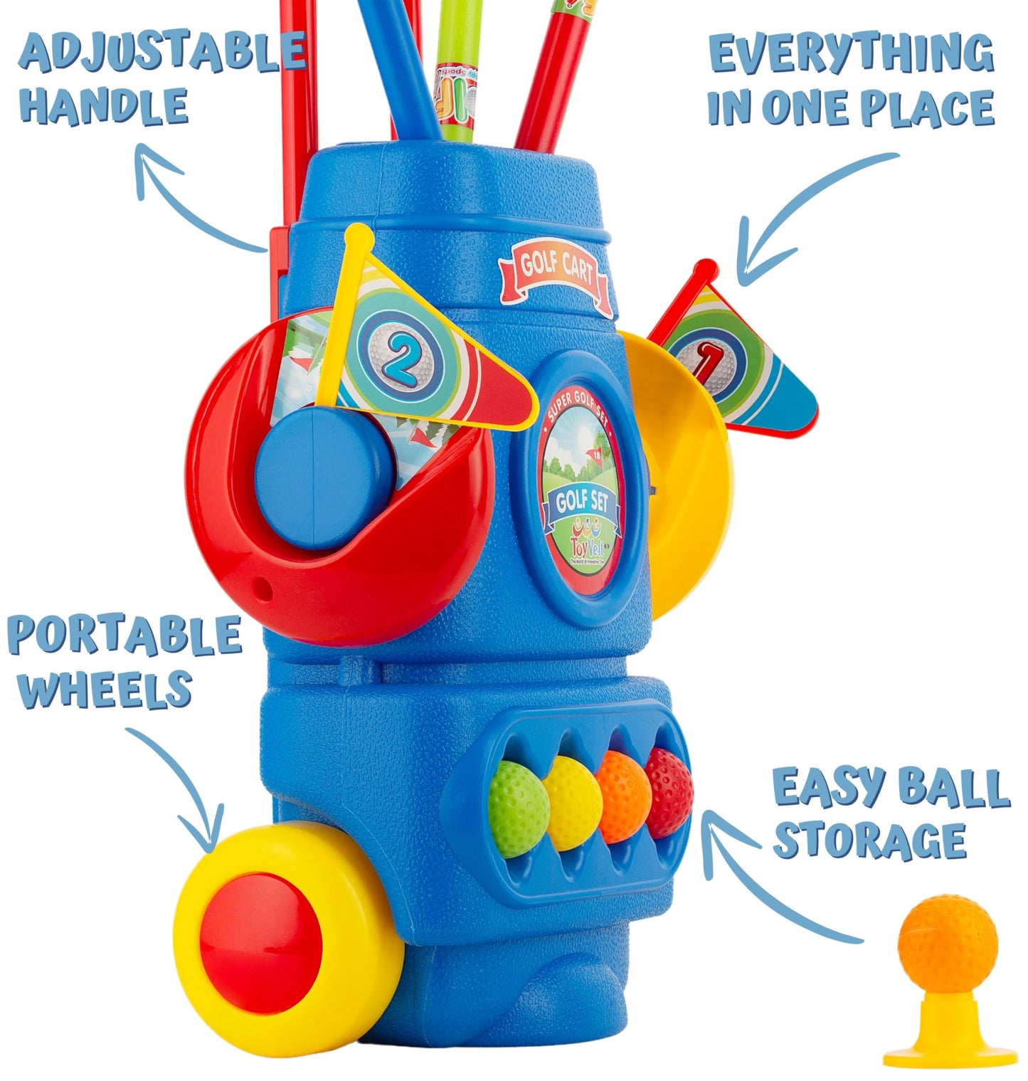 ToyVelt Toddler Golf Set Blue - 4 Lightweight Clubs, 6 Balls, 2 Holes, Putting Mat