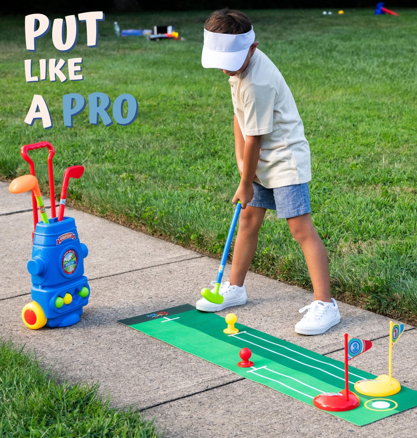 ToyVelt Toddler Golf Set Blue - 4 Lightweight Clubs, 6 Balls, 2 Holes, Putting Mat