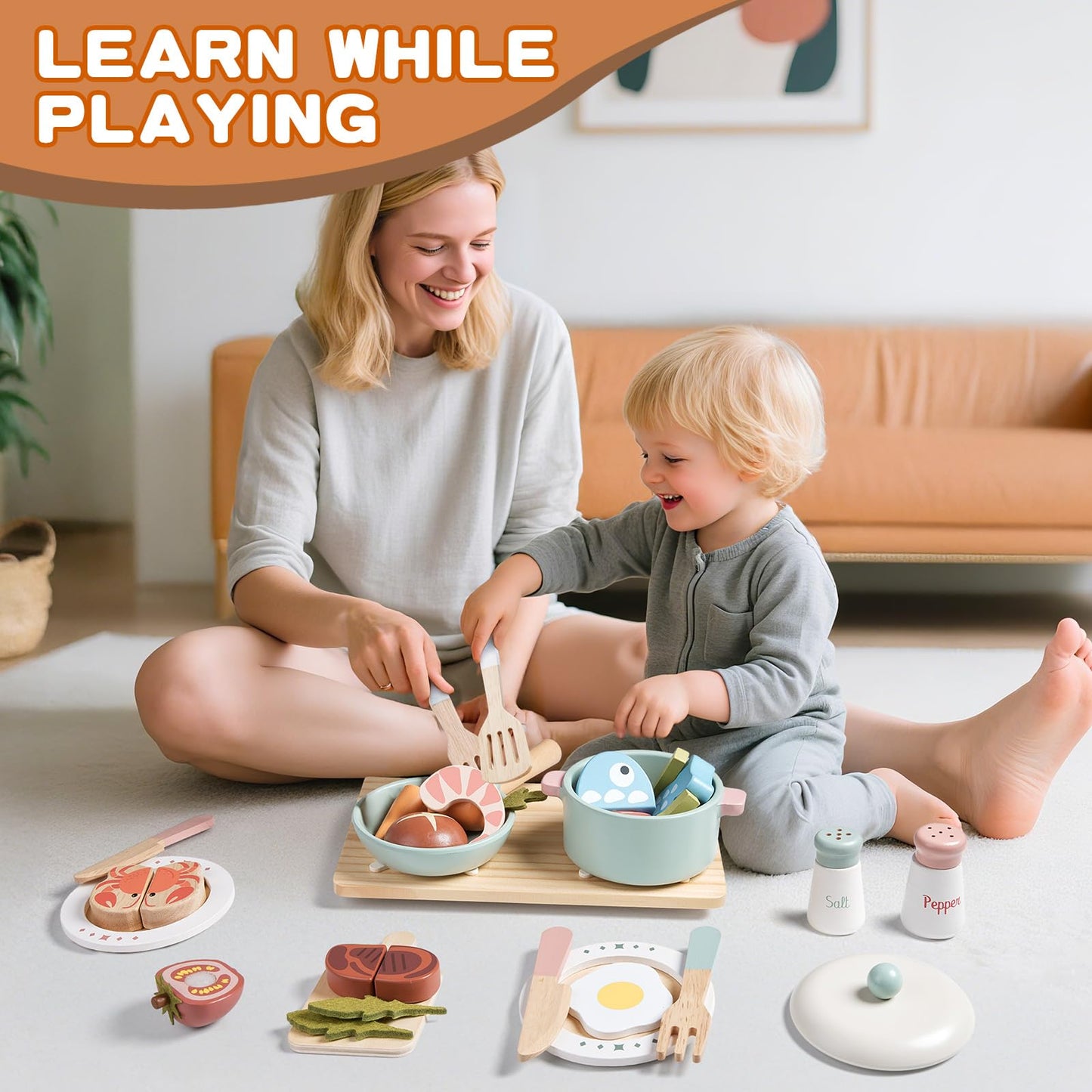 Toywoo Wooden Play Kitchen Accessories — Pretend Pots & Pans Set for Kids