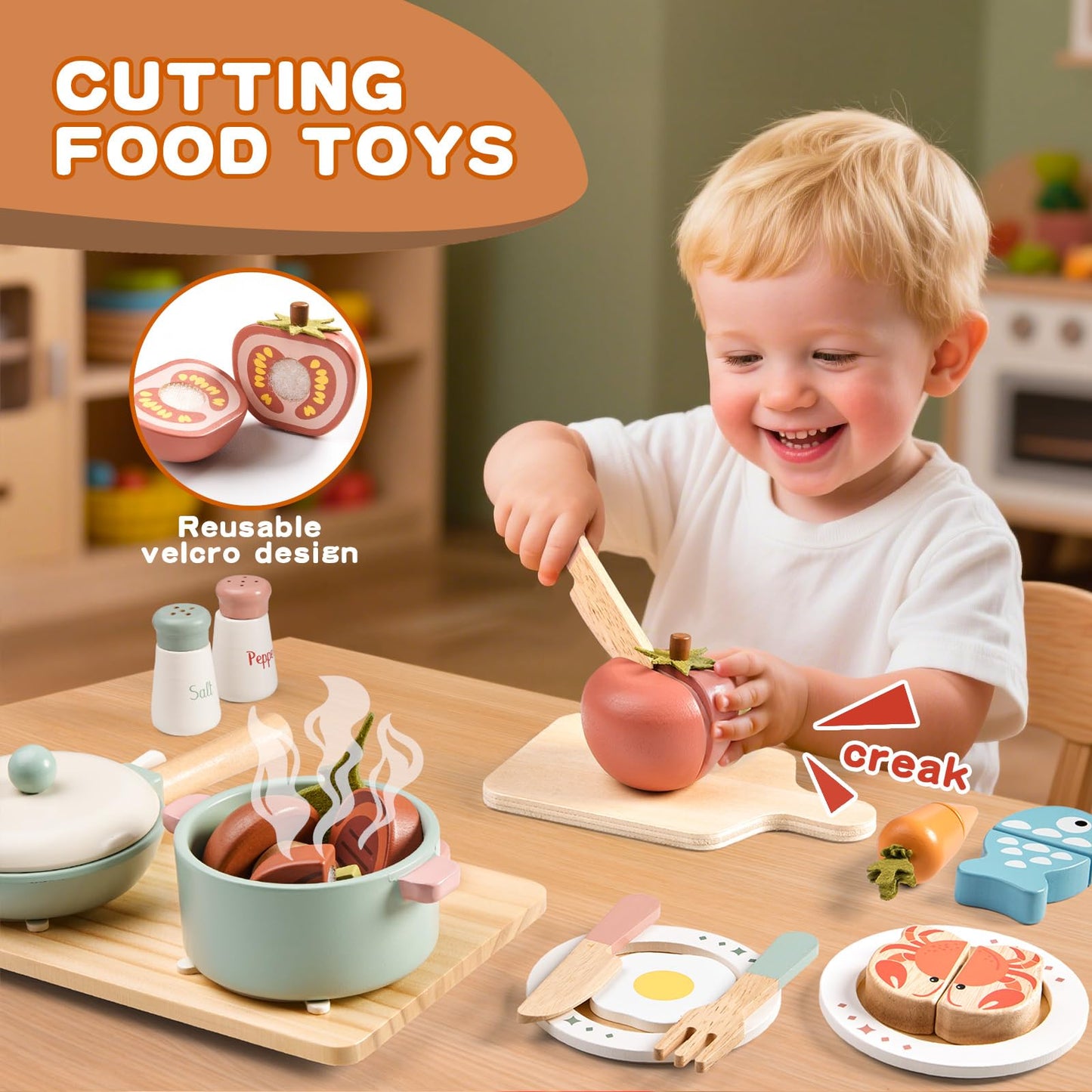 Toywoo Wooden Play Kitchen Accessories — Pretend Pots & Pans Set for Kids
