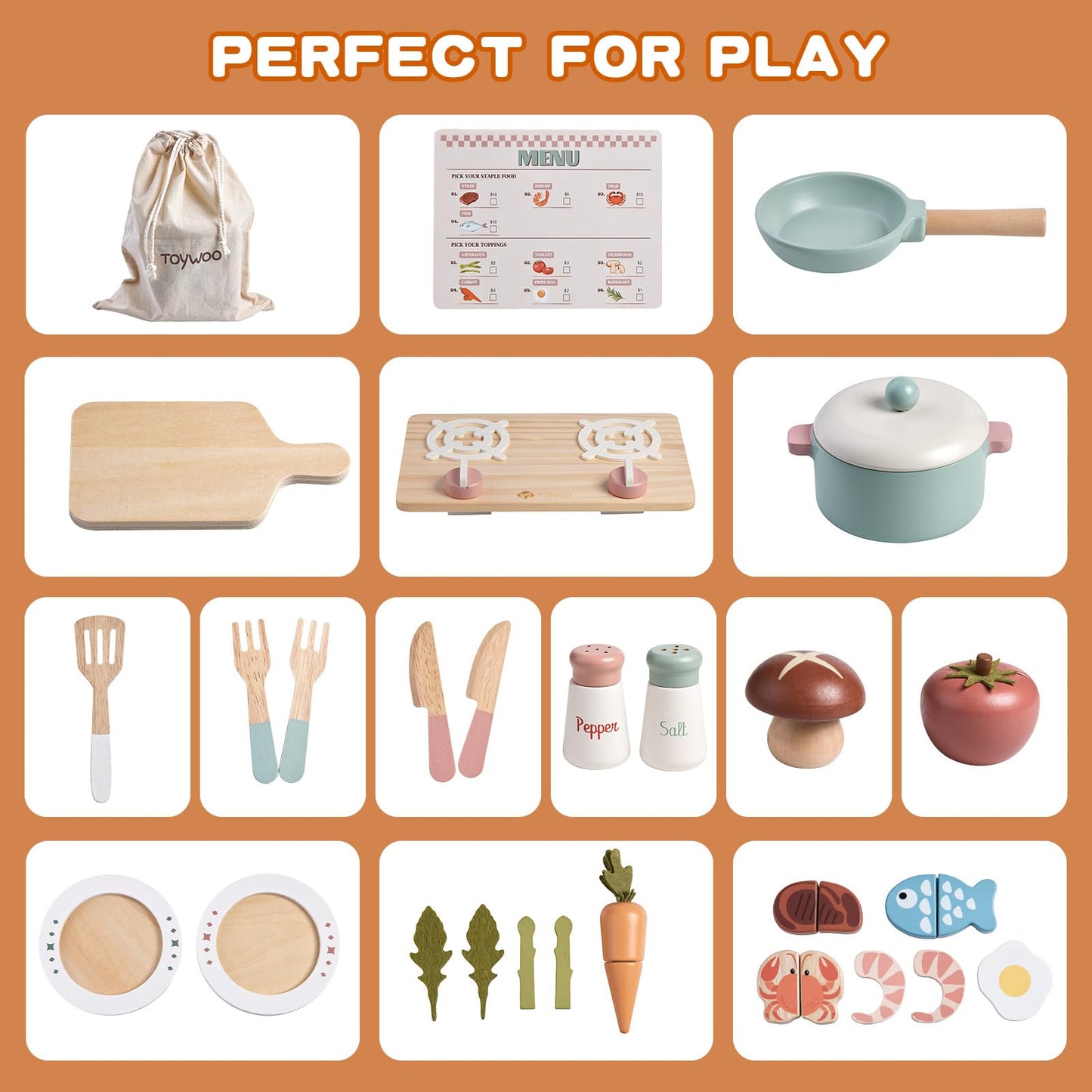 Toywoo Wooden Play Kitchen Accessories — Pretend Pots & Pans Set for Kids