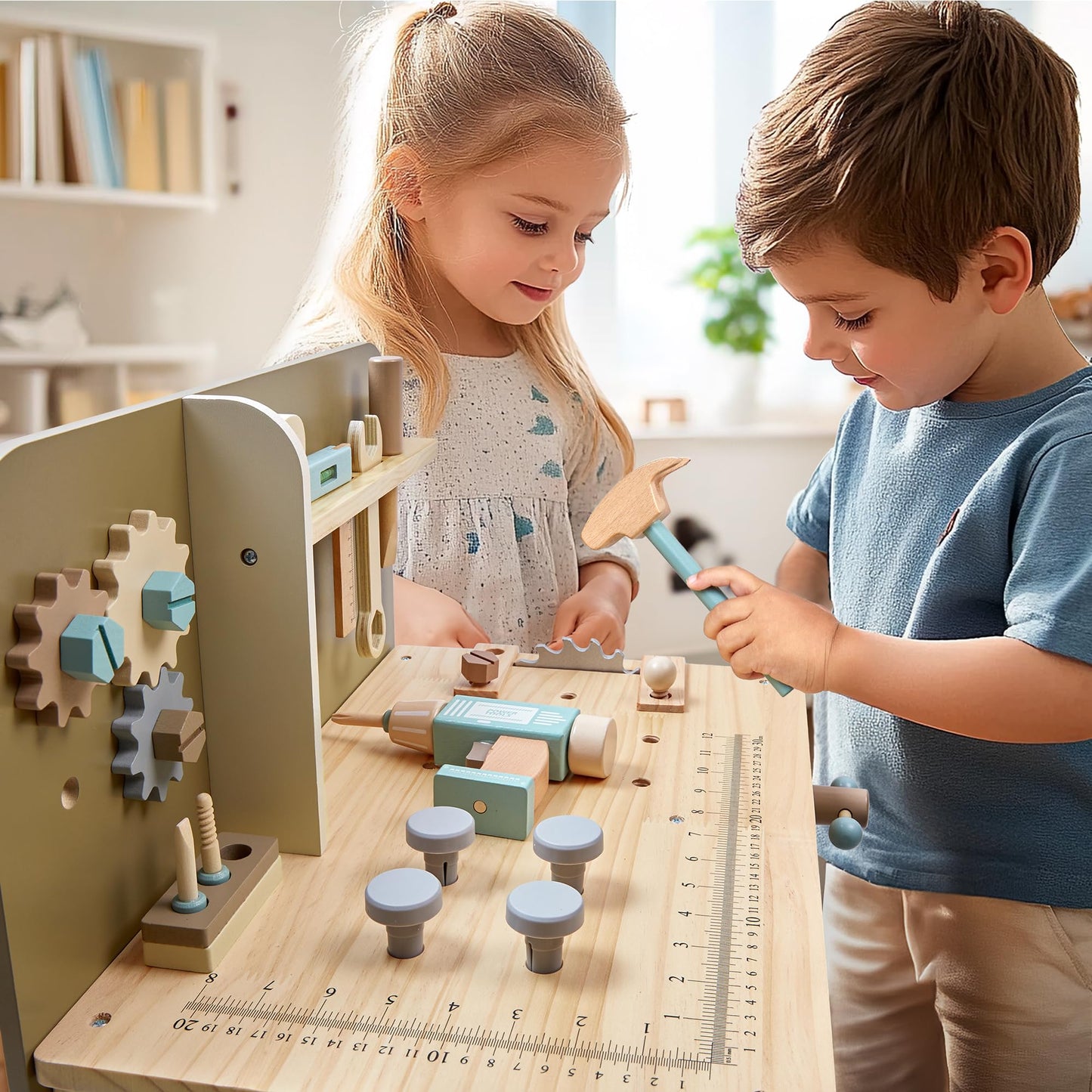 Toywoo Kids Wooden Tool Set – Workbench with Apron, Realistic Tools & Electric Drill | STEM Toy for Ages 3-9
