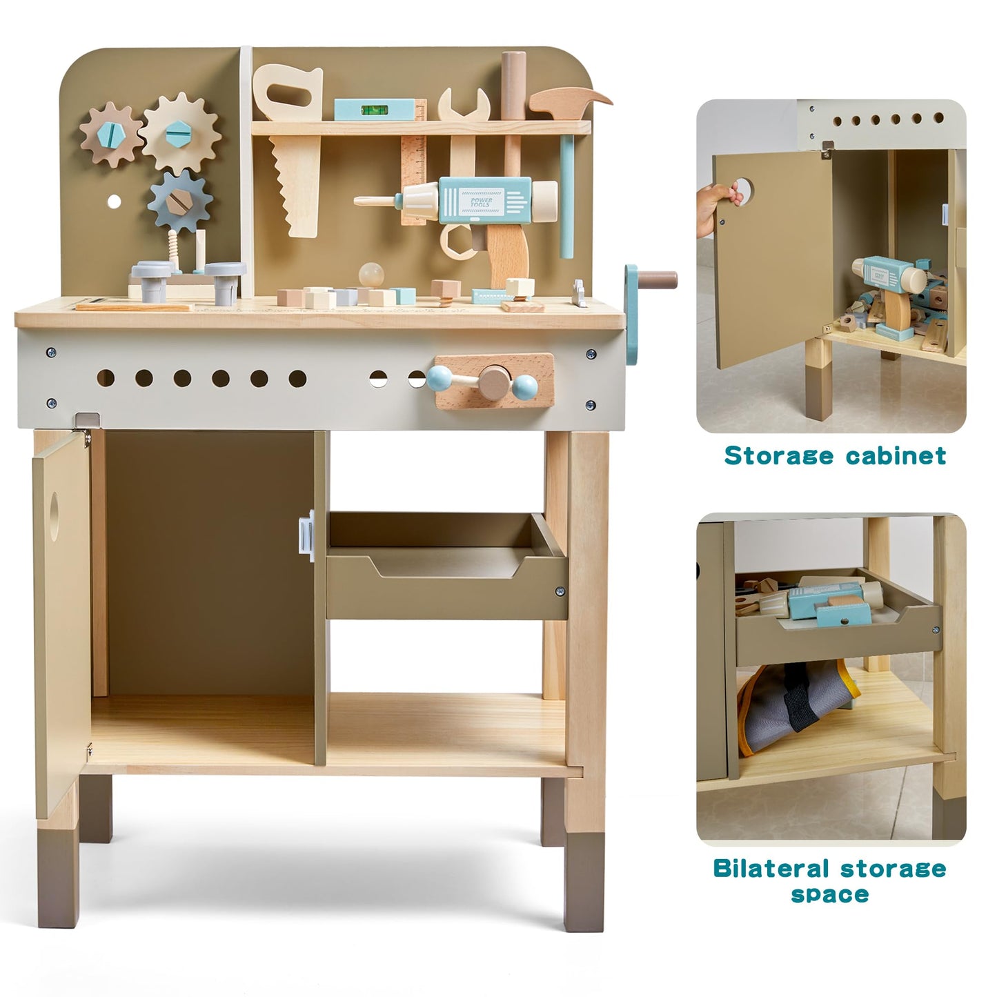 Toywoo Kids Wooden Tool Set – Workbench with Apron, Realistic Tools & Electric Drill | STEM Toy for Ages 3-9