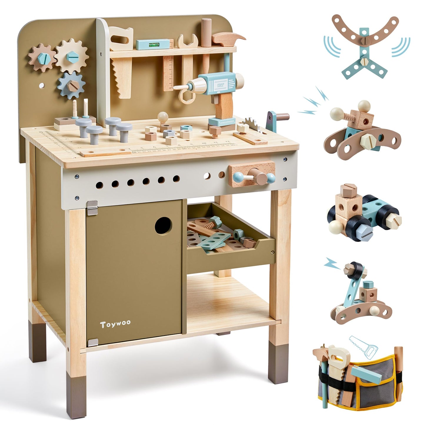 Toywoo Kids Wooden Tool Set – Workbench with Apron, Realistic Tools & Electric Drill | STEM Toy for Ages 3-9