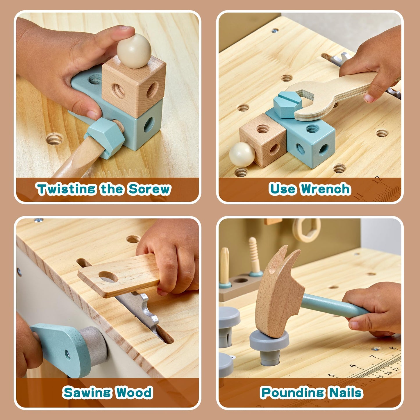 Toywoo Kids Wooden Tool Set – Workbench with Apron, Realistic Tools & Electric Drill | STEM Toy for Ages 3-9