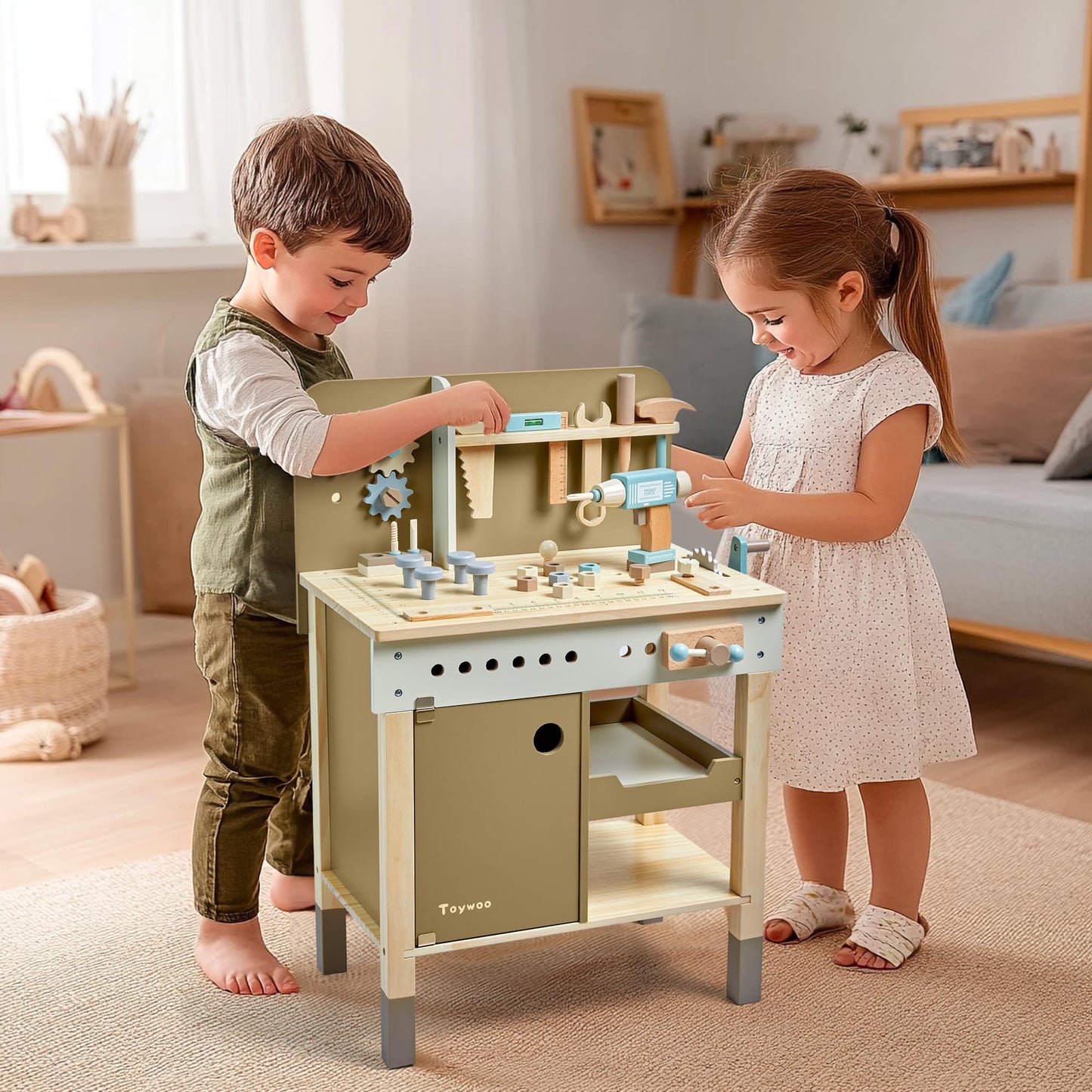 Toywoo Kids Wooden Tool Set – Workbench with Apron, Realistic Tools & Electric Drill | STEM Toy for Ages 3-9