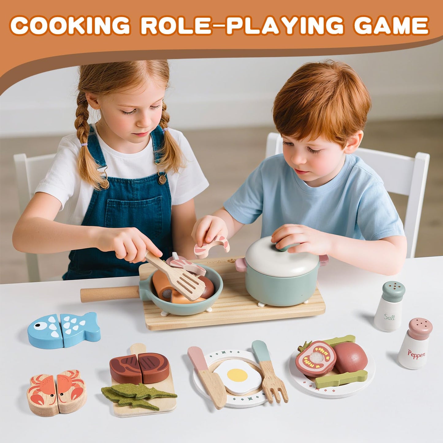 Toywoo Wooden Play Kitchen Accessories — Pretend Pots & Pans Set for Kids
