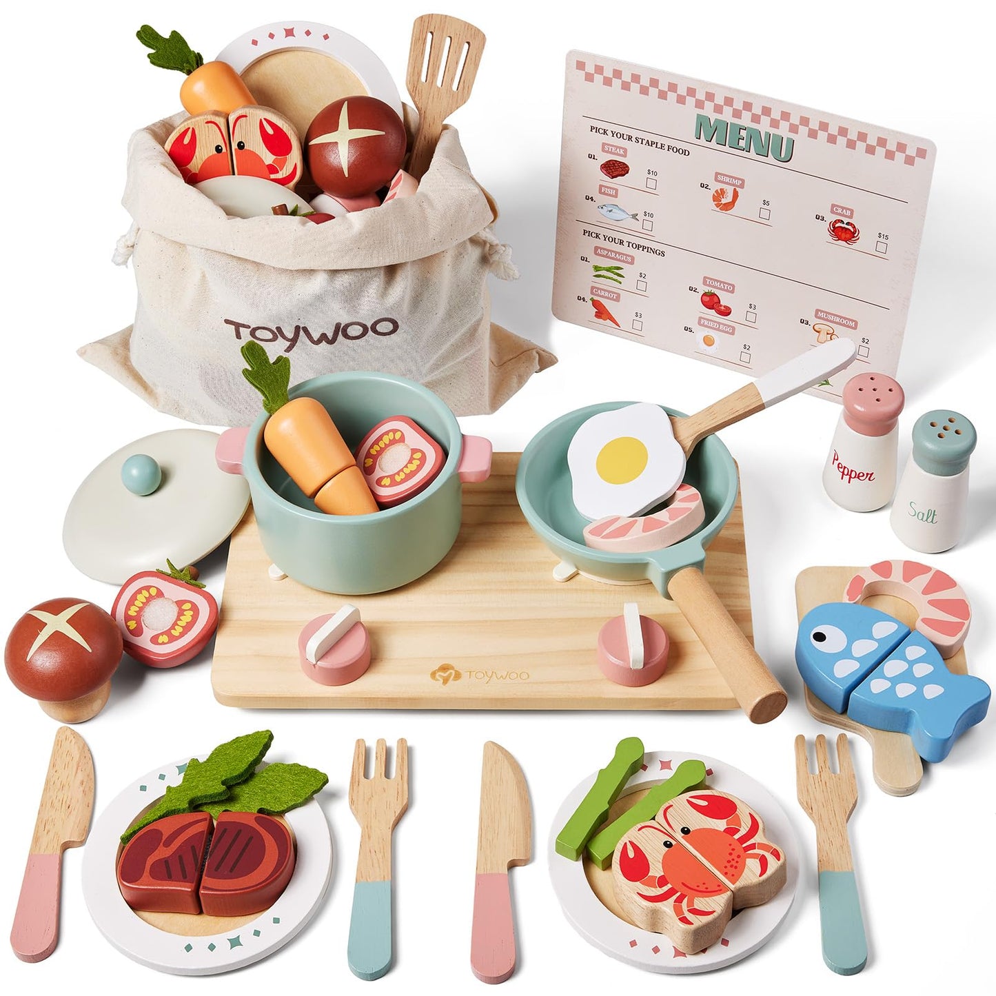 Toywoo Wooden Play Kitchen Accessories — Pretend Pots & Pans Set for Kids