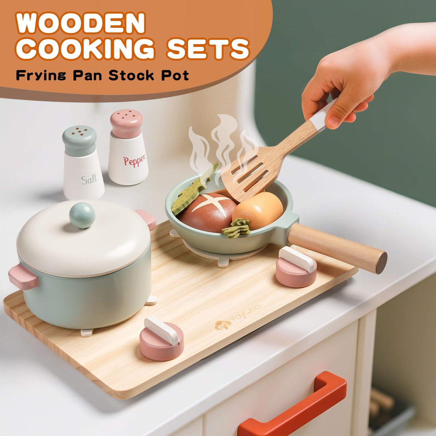 Toywoo Wooden Play Kitchen Accessories — Pretend Pots & Pans Set for Kids