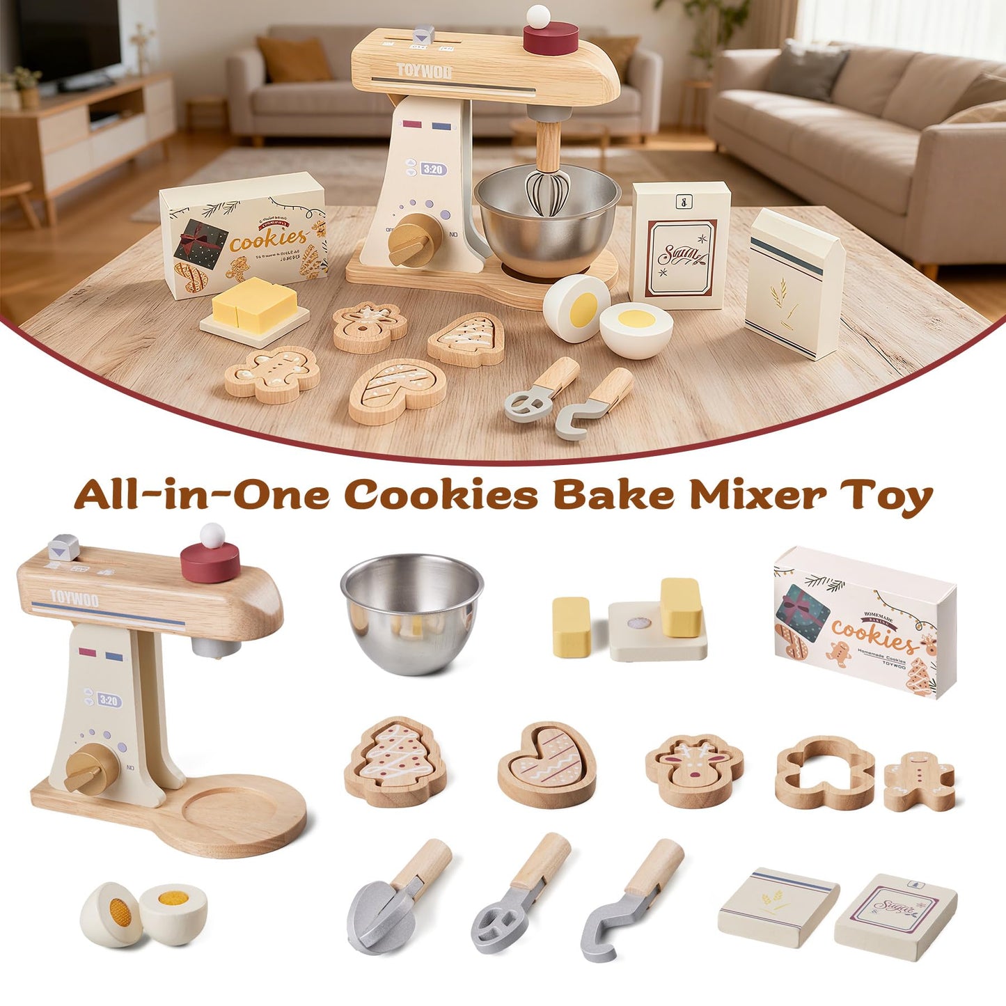 Toywoo Wooden Toy Mixer – Kids Pretend Play Kitchen Set