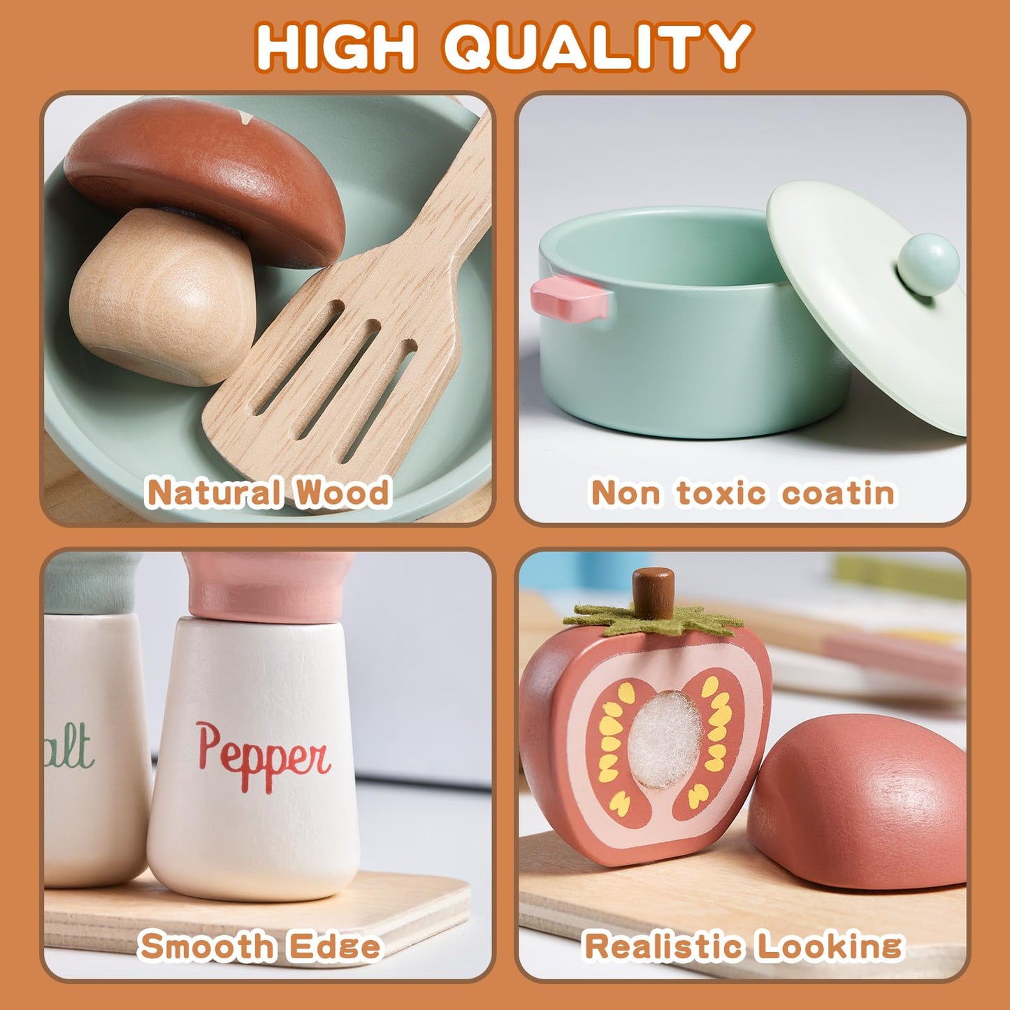 Toywoo Wooden Play Kitchen Accessories — Pretend Pots & Pans Set for Kids