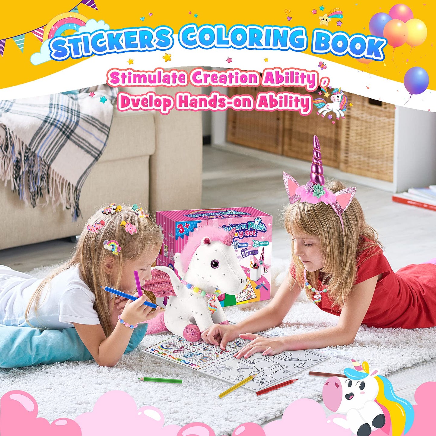 Toyze 21-Piece Unicorn Gift Set for Girls 3-8 | Plush, Dress-Up & Craft Kit