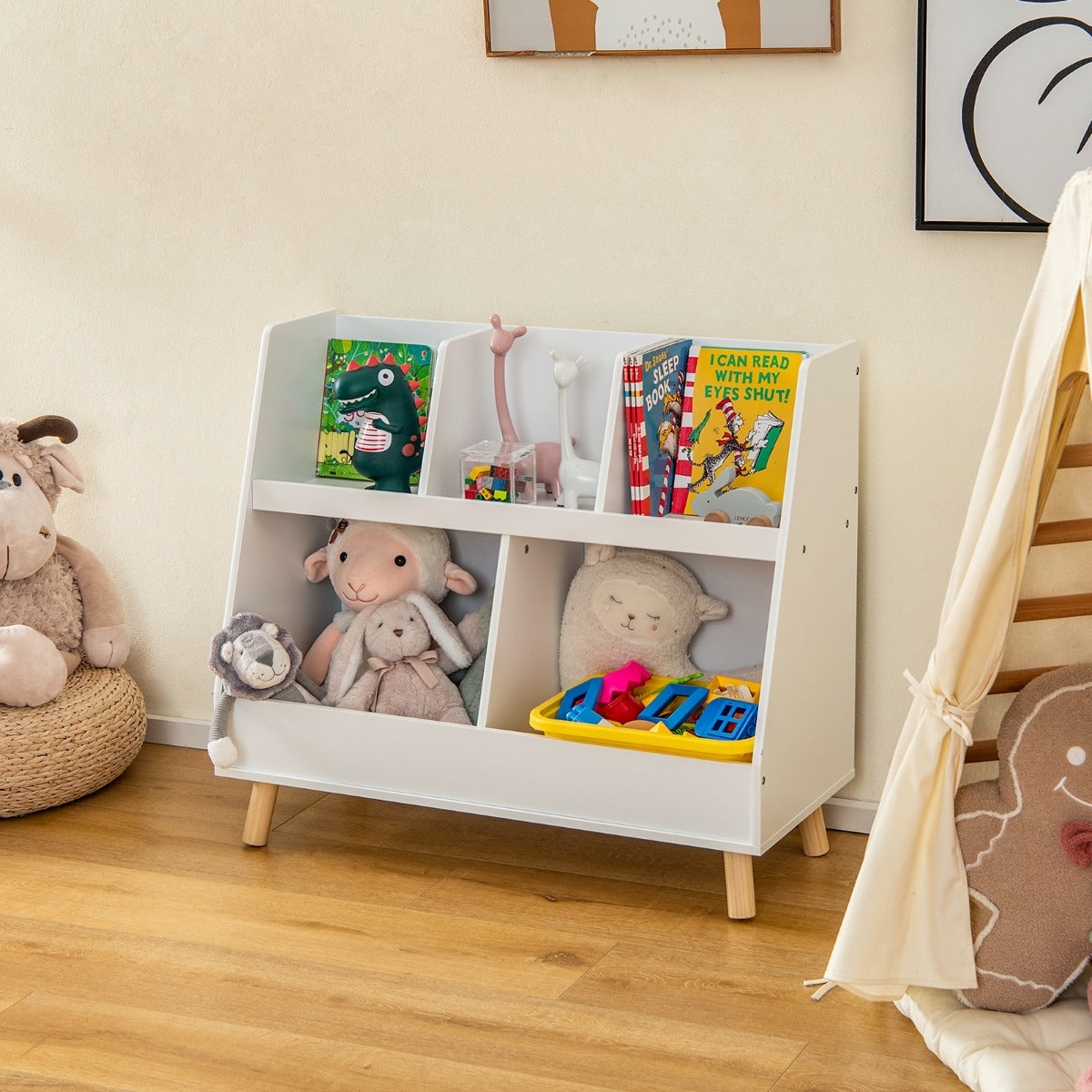 5-Cube Kids Bookshelf and Toy Organizer with Solid Wood Legs and Anti-Tipping Kits-Natural
