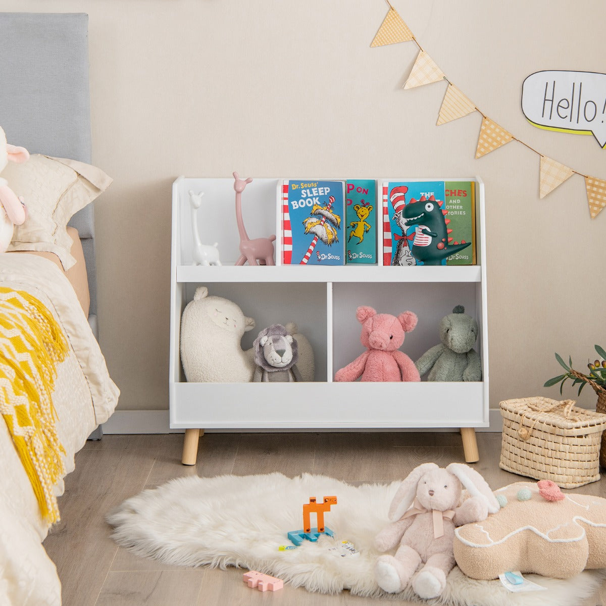 5-Cube Kids Bookshelf and Toy Organizer with Solid Wood Legs and Anti-Tipping Kits-Natural