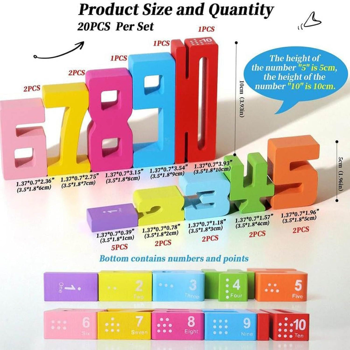 TPwsd 20Pcs Montessori Wooden Number Blocks – 1-10 Math Building Toys for Kids 3+