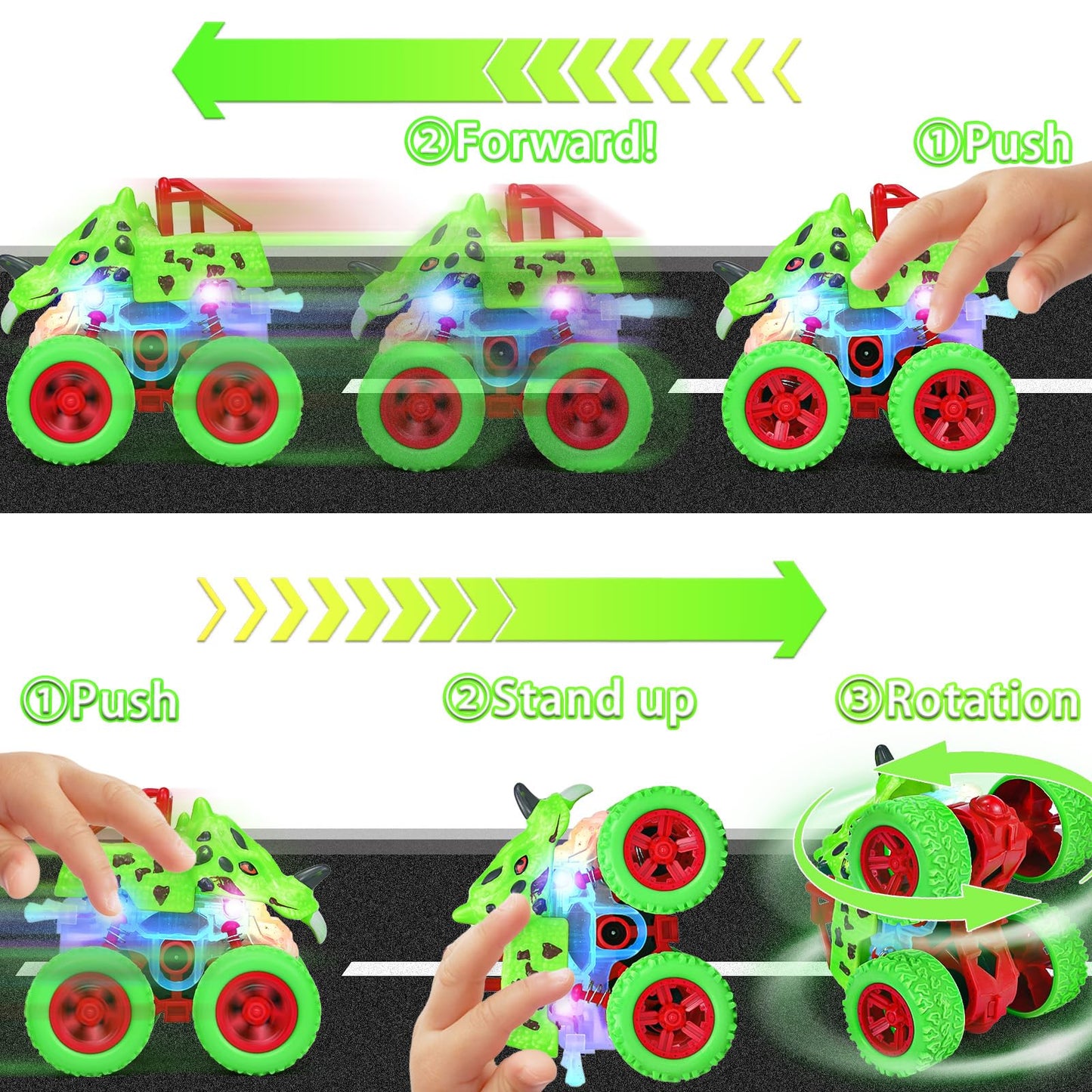 TQBYNJ Monster Truck Toy for Toddlers 2-4 – Light Up 360° Dino Car with LED Flash (Green)
