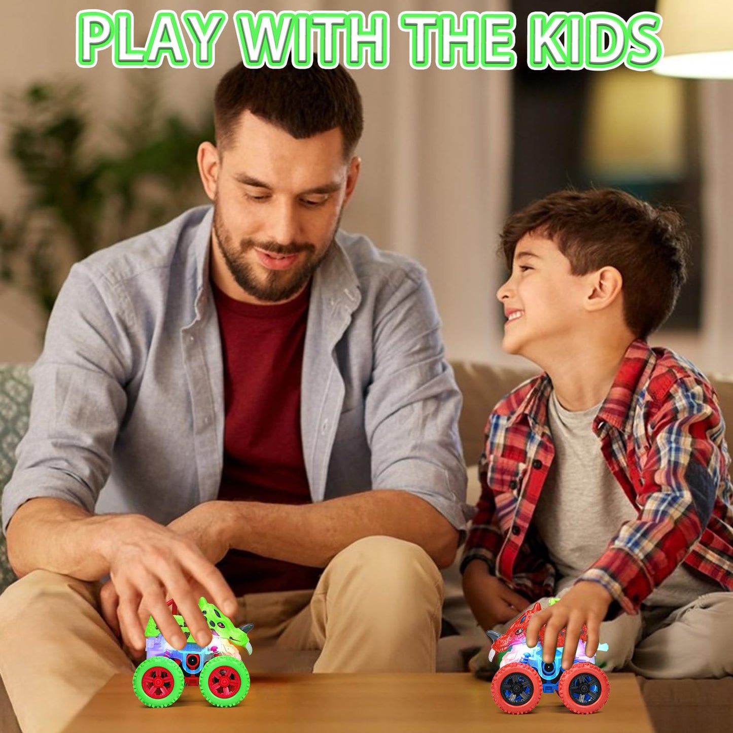 TQBYNJ Monster Truck Toy for Toddlers 2-4 – Light Up 360° Dino Car with LED Flash (Green)