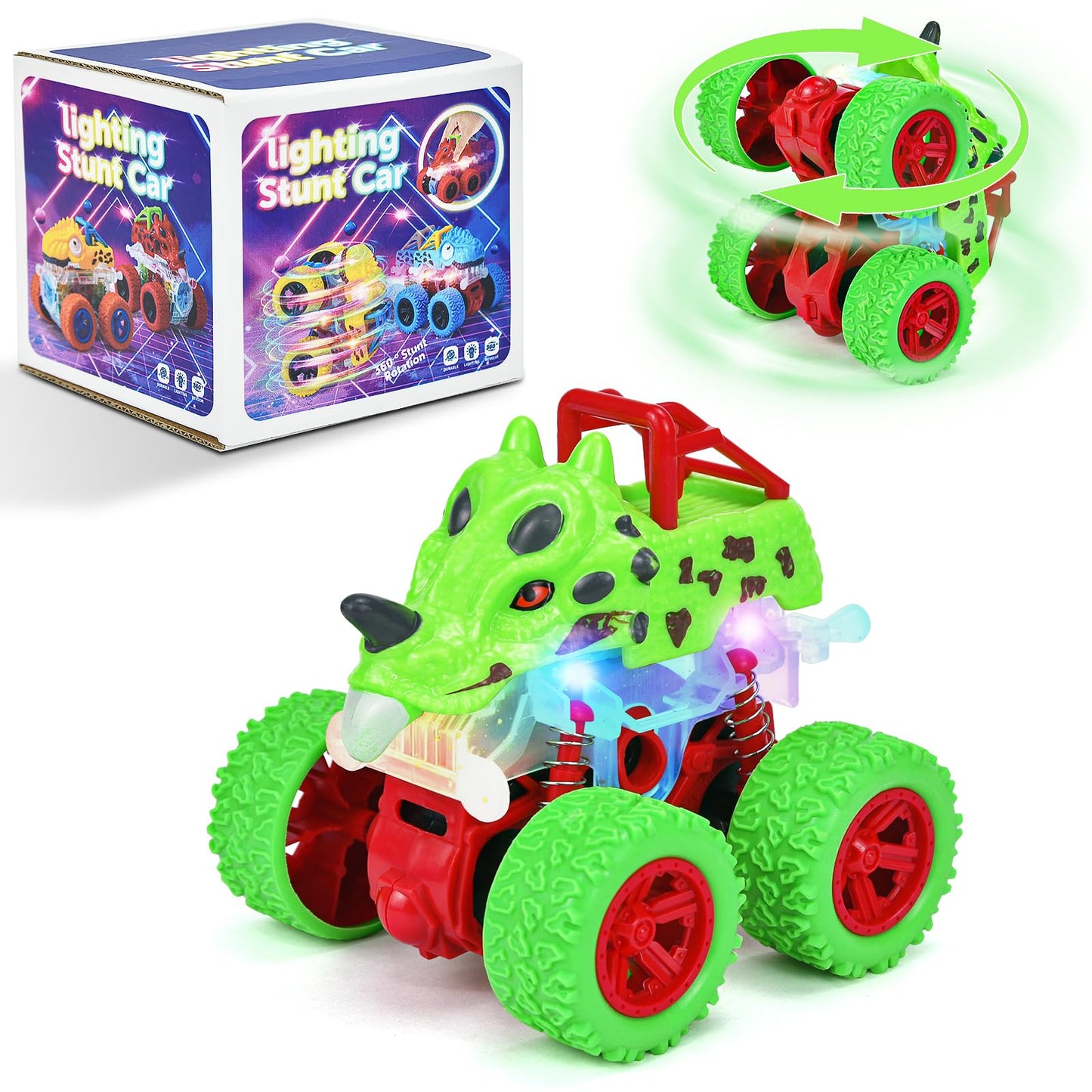 TQBYNJ Monster Truck Toy for Toddlers 2-4 – Light Up 360° Dino Car with LED Flash (Green)