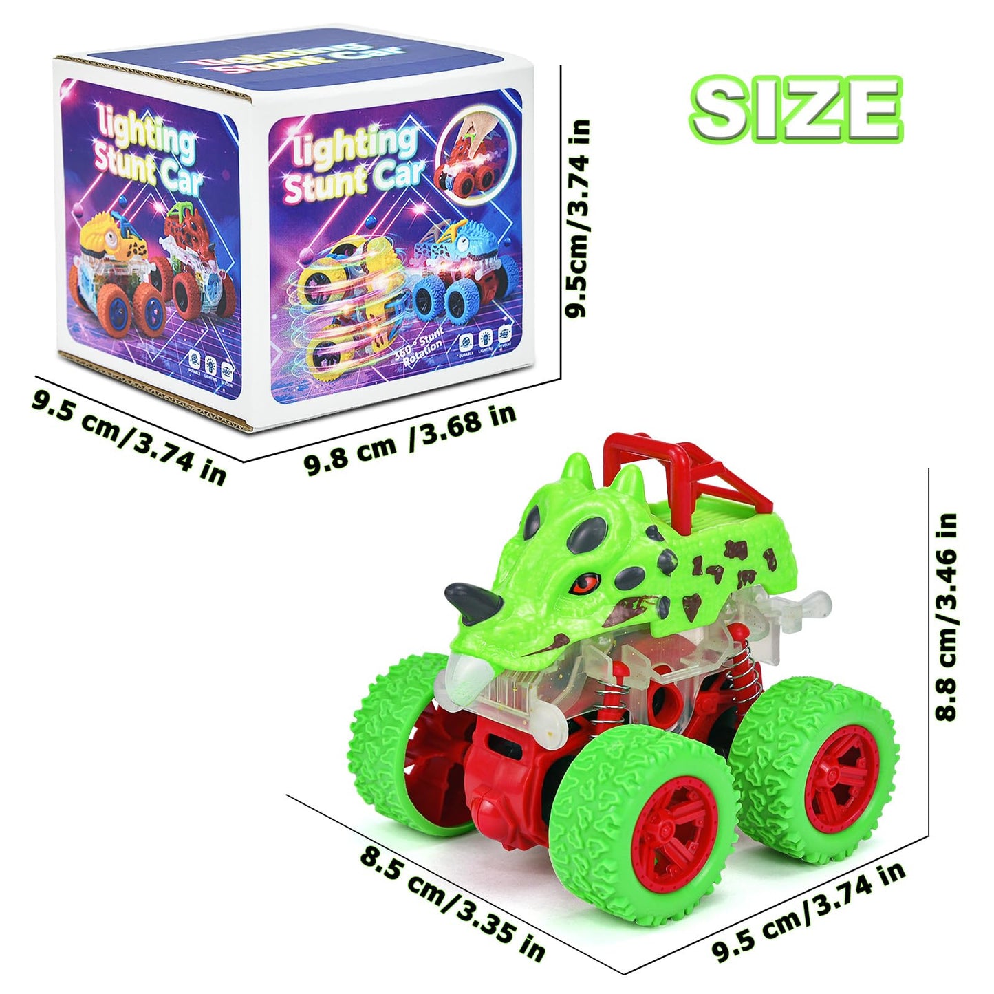 TQBYNJ Monster Truck Toy for Toddlers 2-4 – Light Up 360° Dino Car with LED Flash (Green)