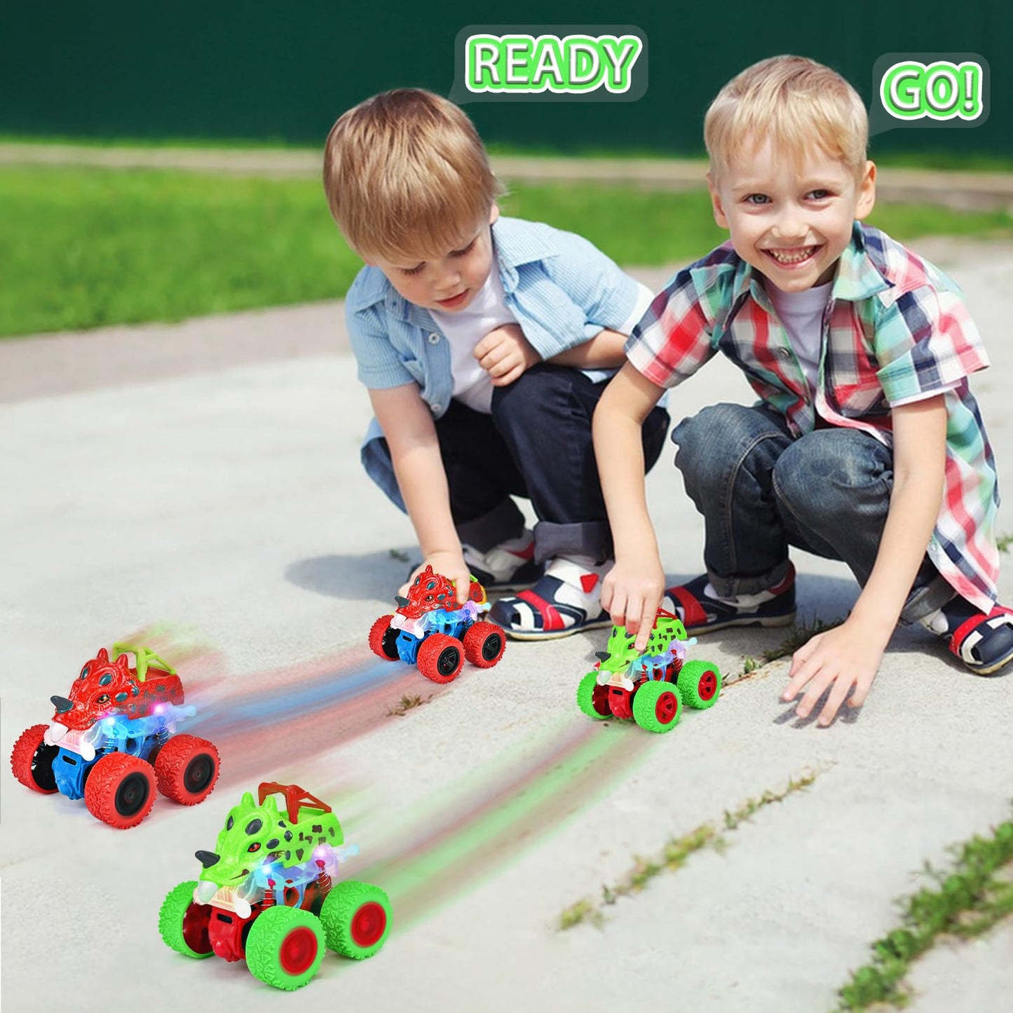 TQBYNJ Monster Truck Toy for Toddlers 2-4 – Light Up 360° Dino Car with LED Flash (Green)
