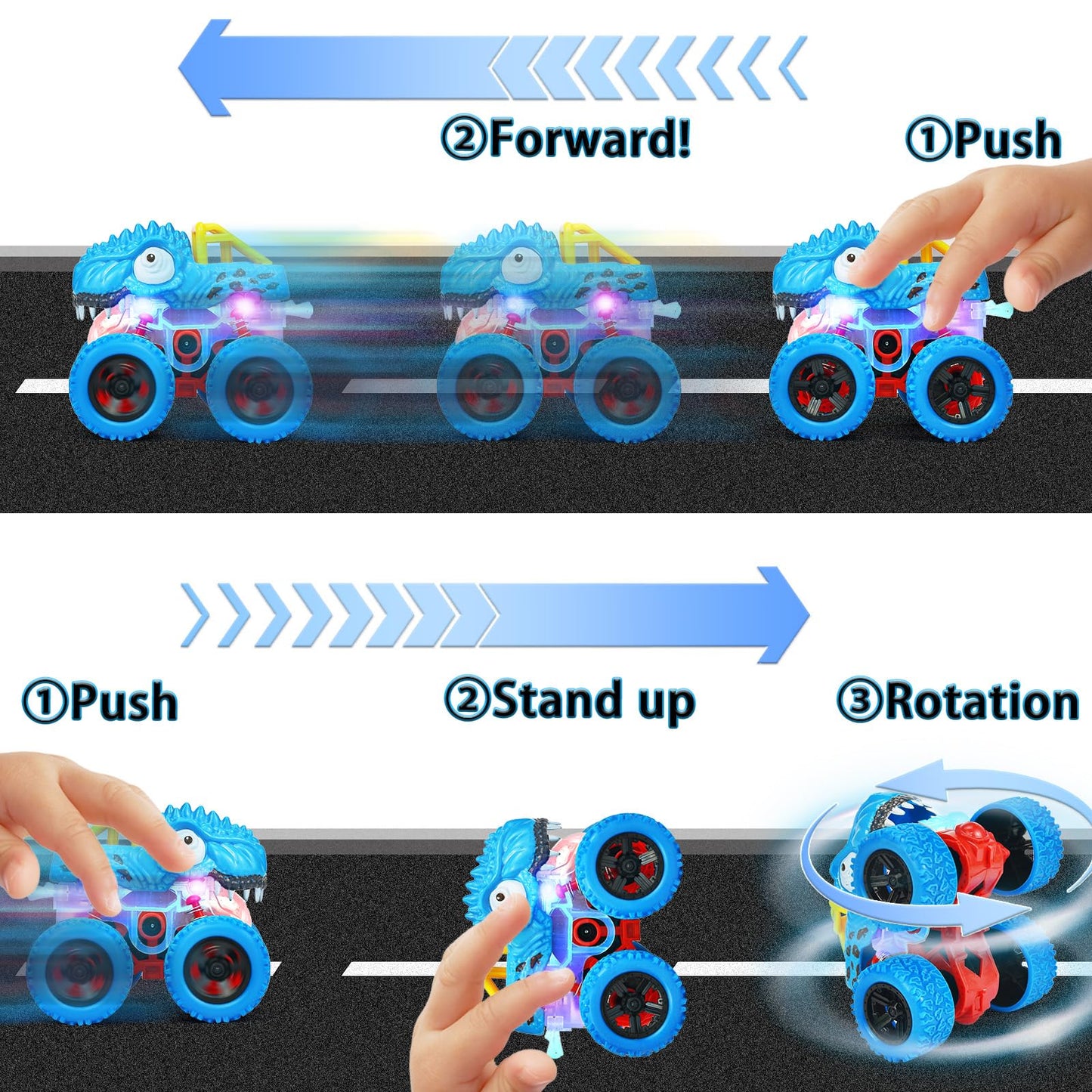 TQBYNJ Light-Up Monster Truck Toys – Push-&-Go Friction Dinosaur Cars with Glow (Blue) for Ages 2-6