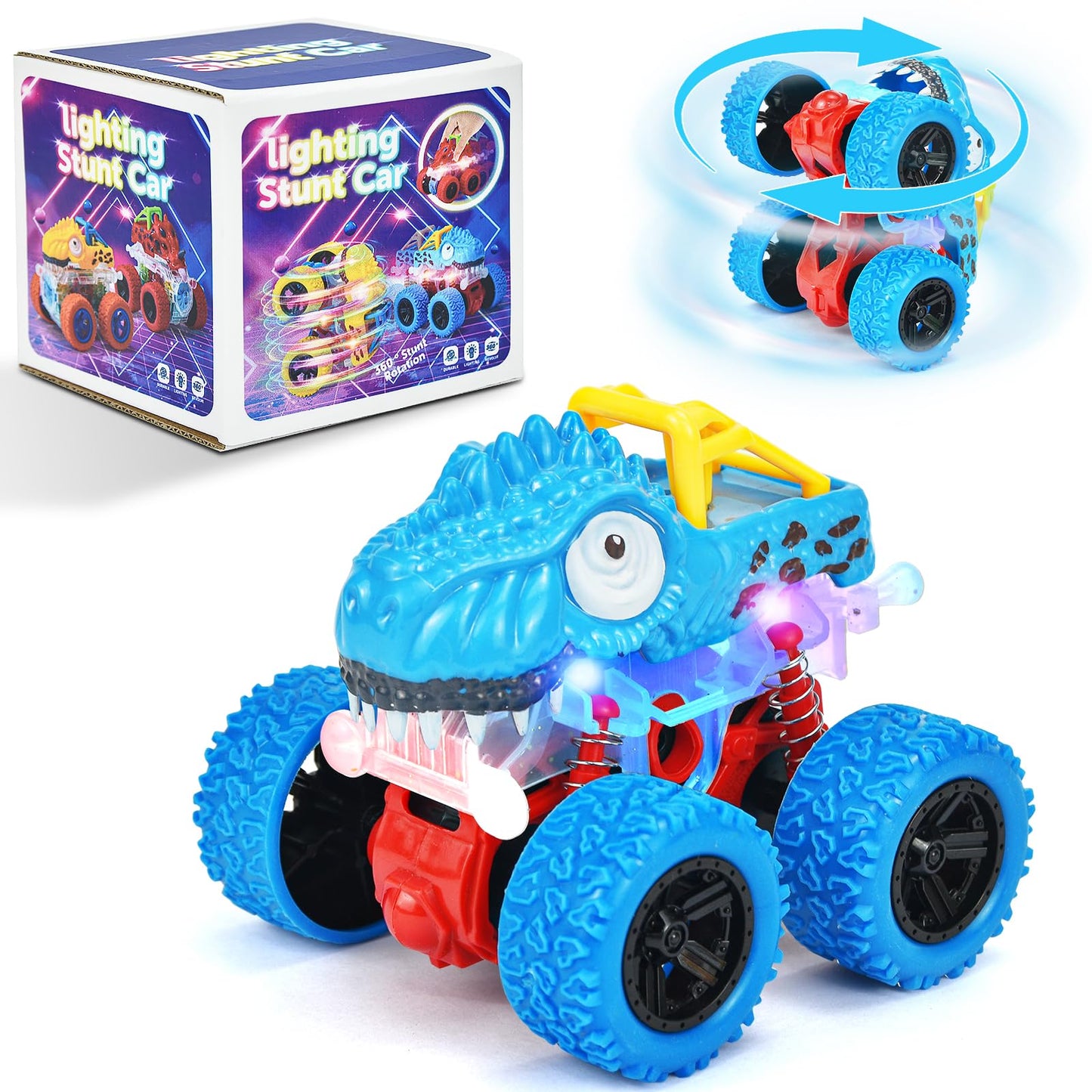 TQBYNJ Light-Up Monster Truck Toys – Push-&-Go Friction Dinosaur Cars with Glow (Blue) for Ages 2-6