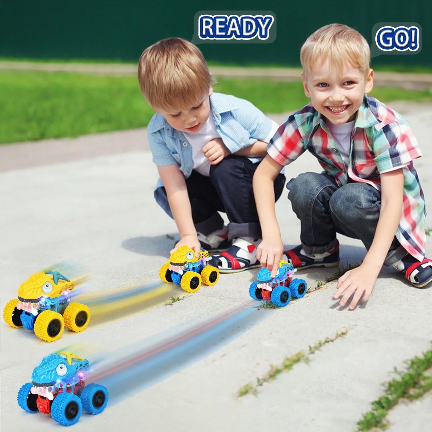TQBYNJ Light-Up Monster Truck Toys – Push-&-Go Friction Dinosaur Cars with Glow (Blue) for Ages 2-6
