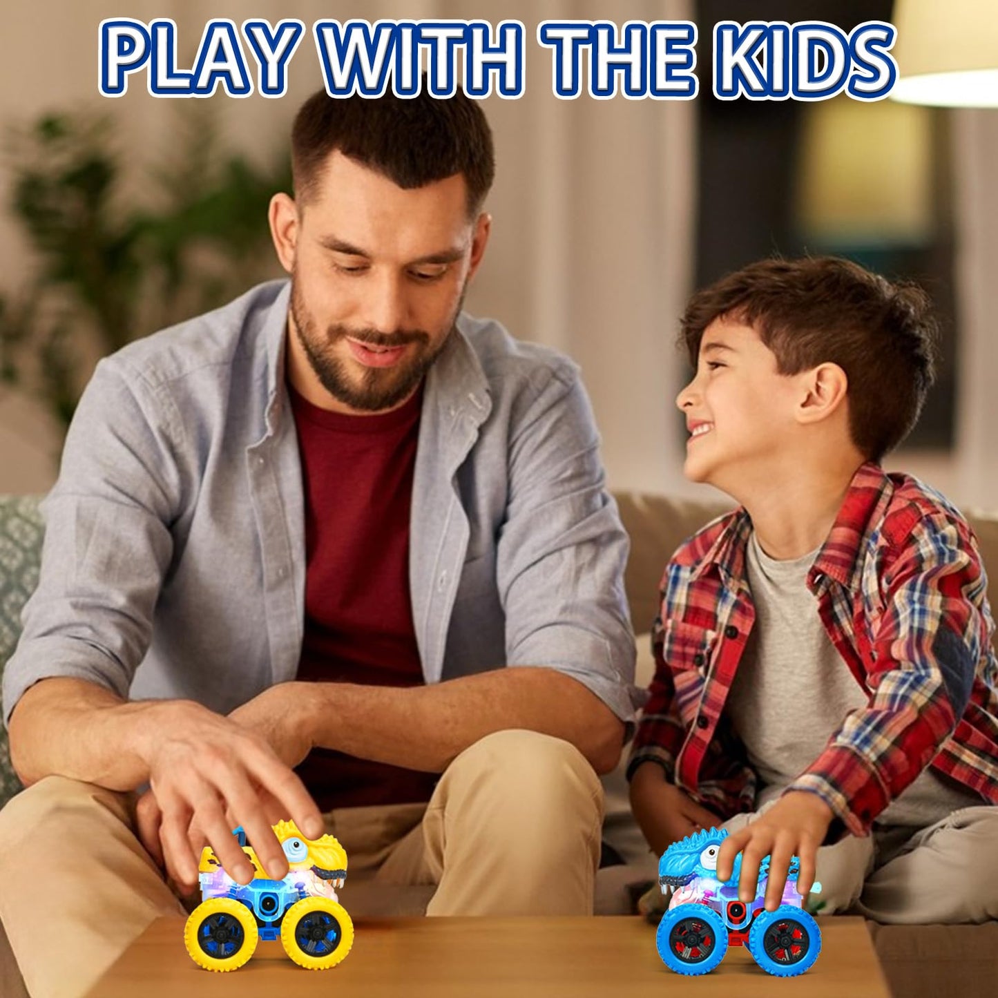 TQBYNJ Light-Up Monster Truck Toys – Push-&-Go Friction Dinosaur Cars with Glow (Blue) for Ages 2-6