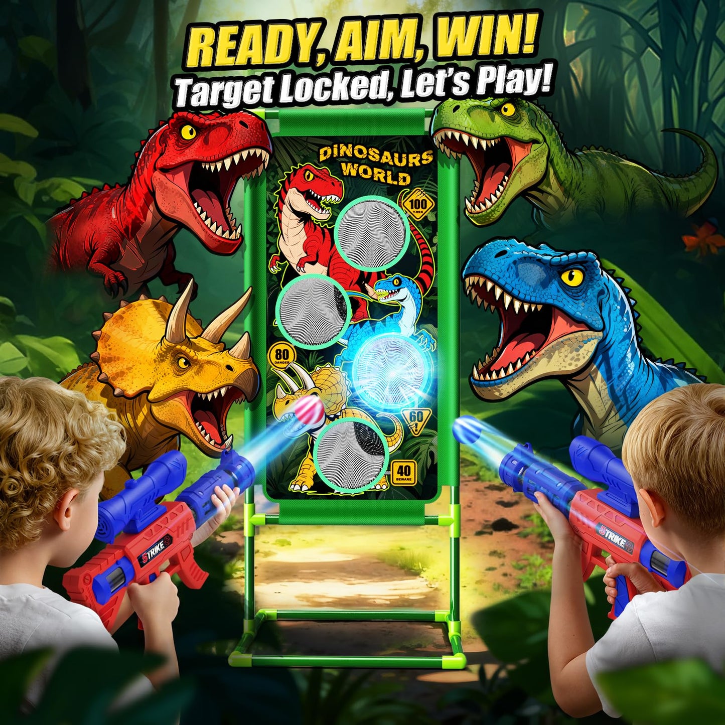 Tqeieu Dinosaur Shooting Game Toys — 2 Air Pump Launchers, 3 Dinosaurs, 24 Foam Balls
