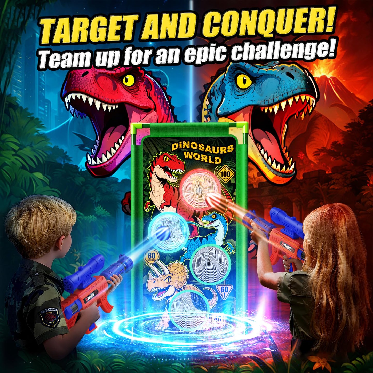 Tqeieu Dinosaur Shooting Game Toys — 2 Air Pump Launchers, 3 Dinosaurs, 24 Foam Balls