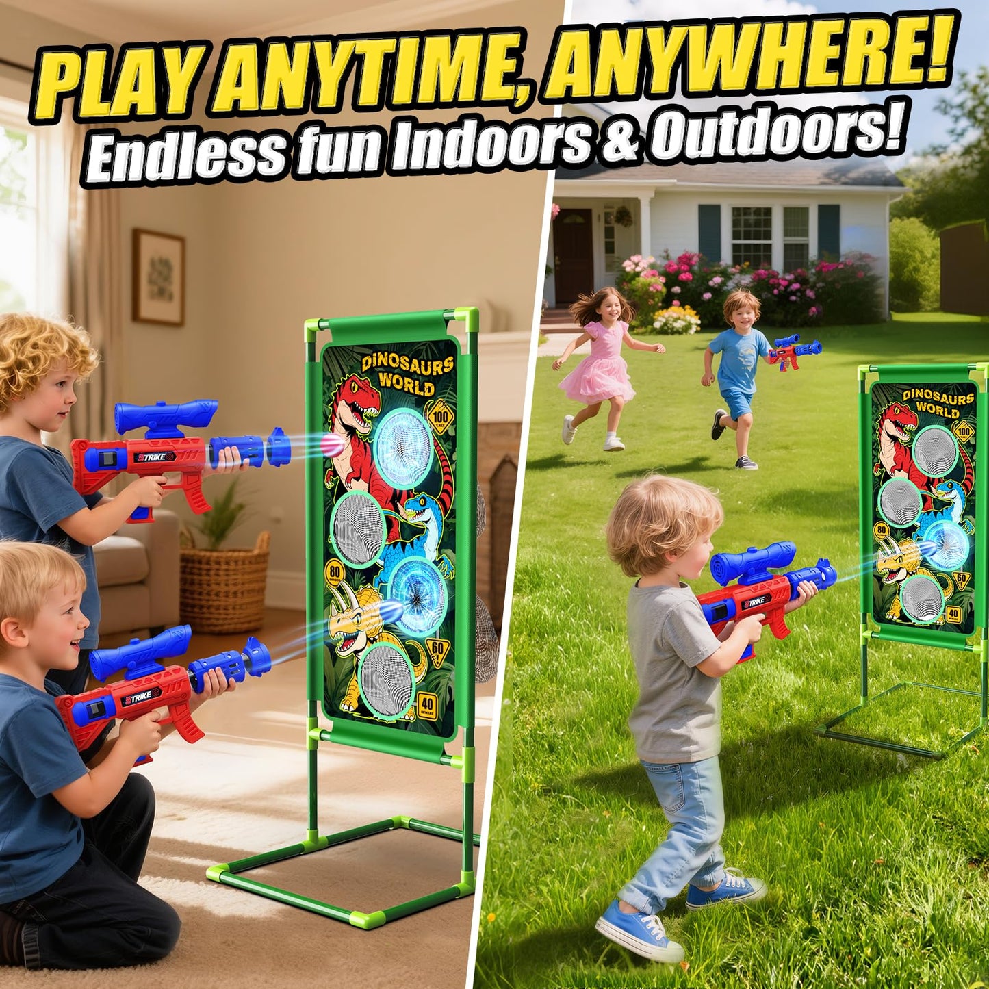 Tqeieu Dinosaur Shooting Game Toys — 2 Air Pump Launchers, 3 Dinosaurs, 24 Foam Balls