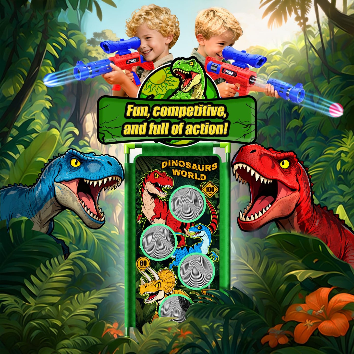 Tqeieu Dinosaur Shooting Game Toys — 2 Air Pump Launchers, 3 Dinosaurs, 24 Foam Balls