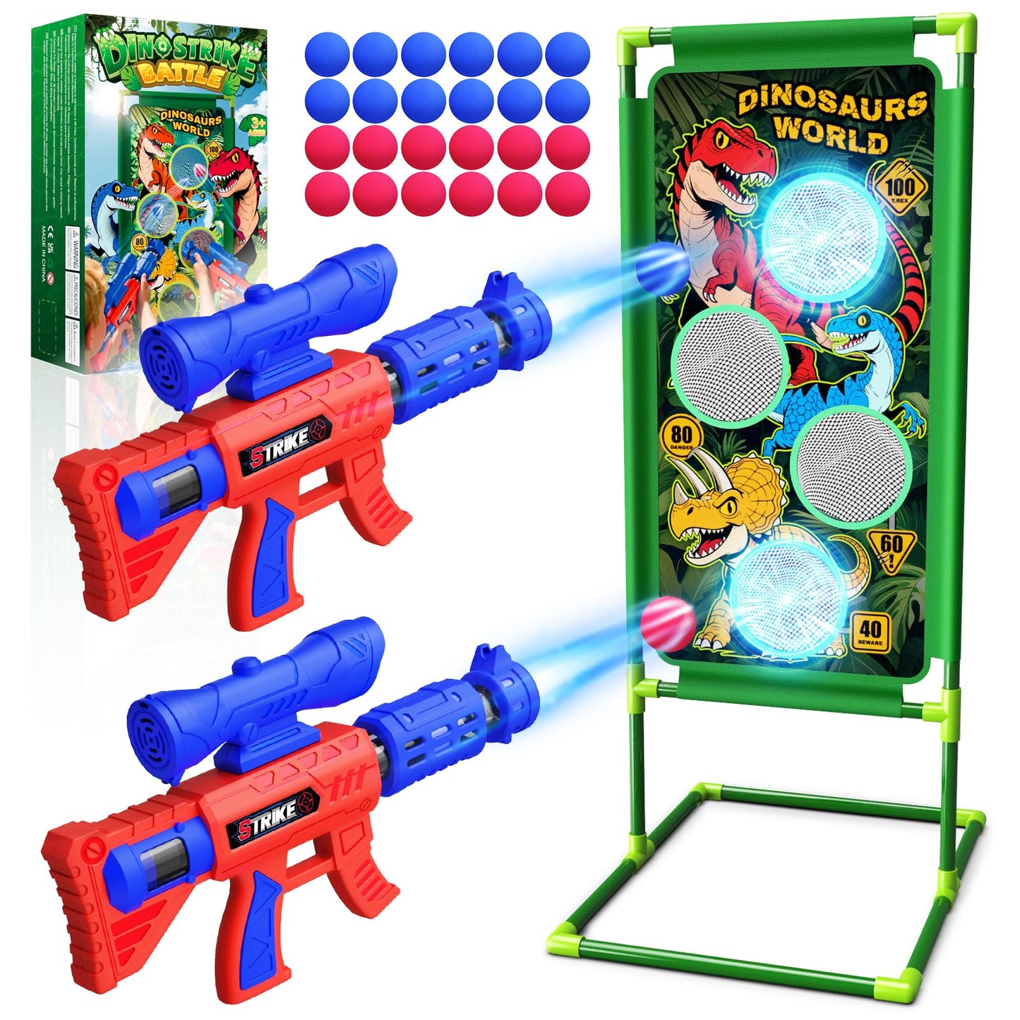 Tqeieu Dinosaur Shooting Game Toys — 2 Air Pump Launchers, 3 Dinosaurs, 24 Foam Balls