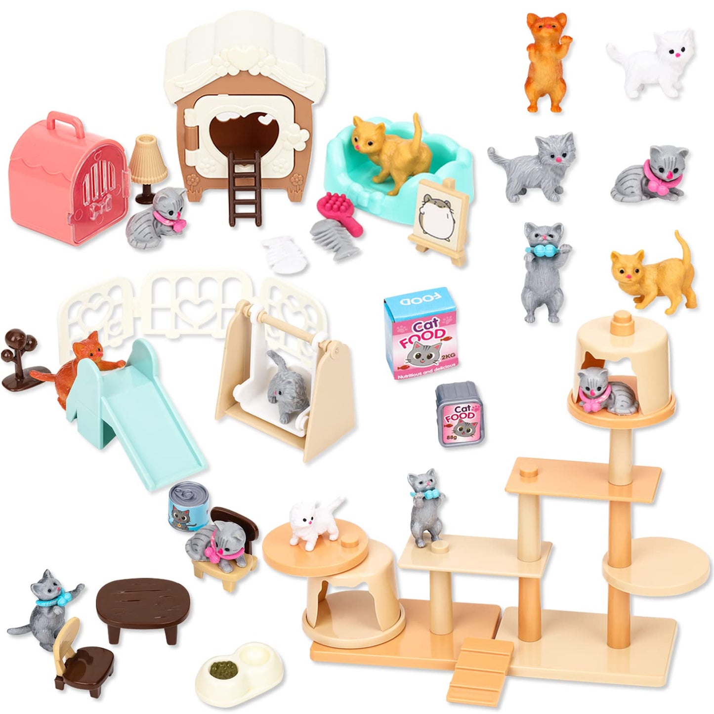 TQQFUN 43-Piece Cat Figurine Playset – Realistic Pet Care Center for Kids