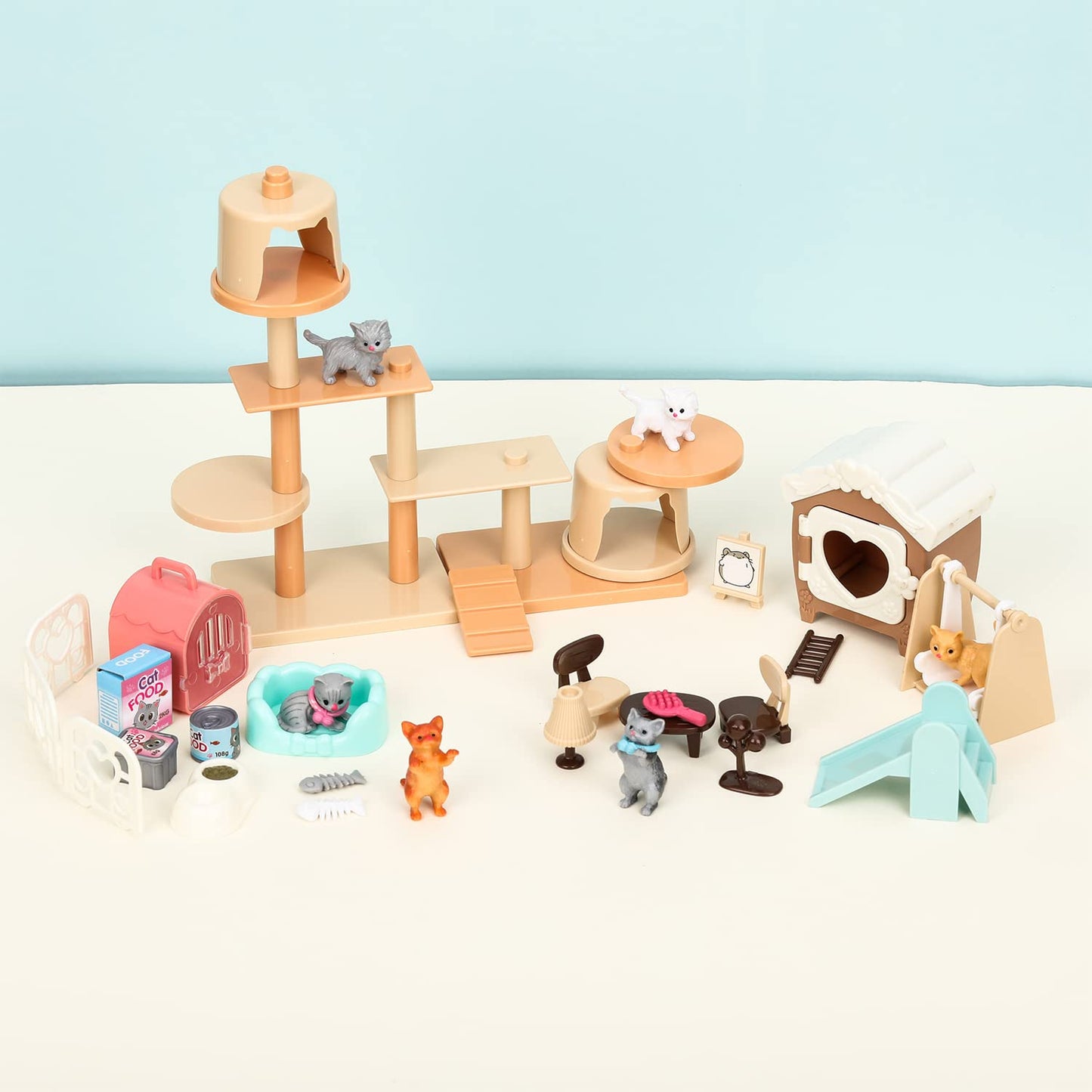 TQQFUN 43-Piece Cat Figurine Playset – Realistic Pet Care Center for Kids