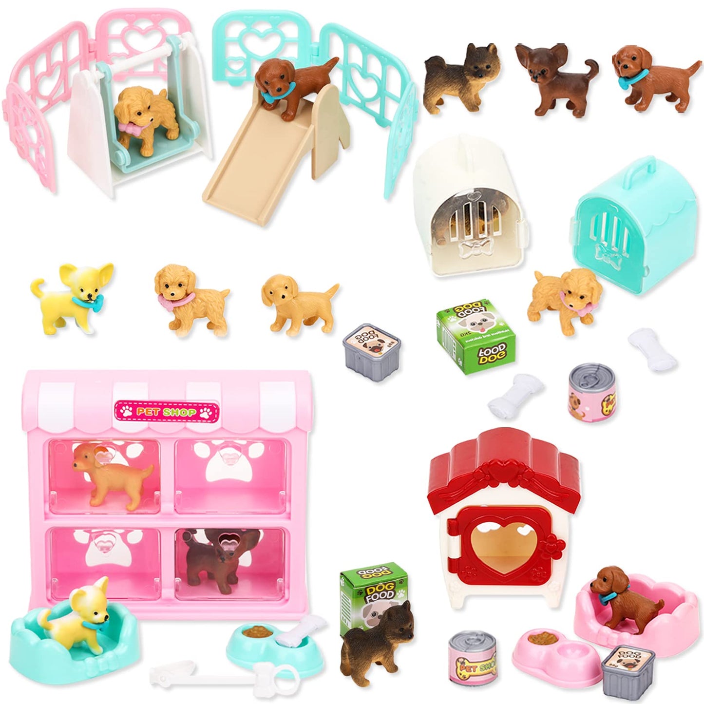 TQQFUN 32-Piece Dog Figures Play Set — Realistic Puppies & Pet Care Center for Imaginative Pretend Play