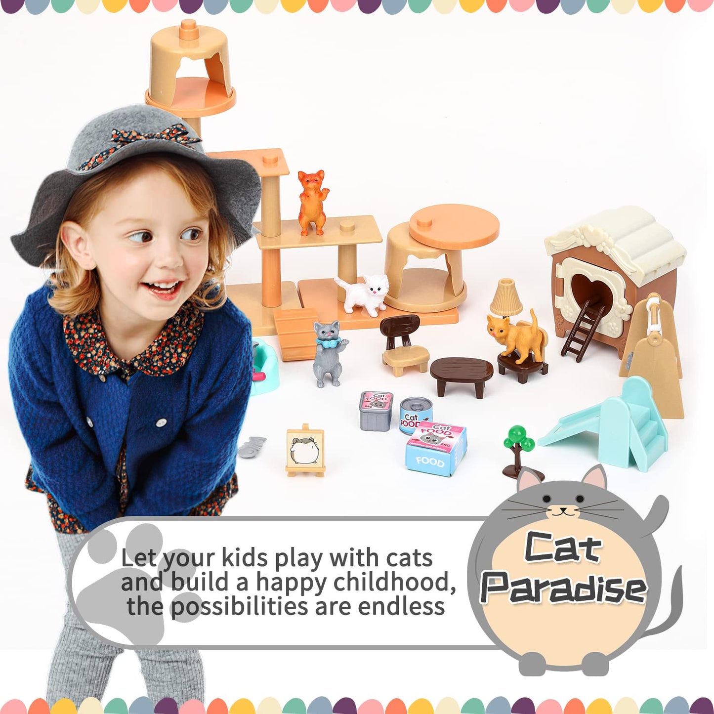 TQQFUN 43-Piece Cat Figurine Playset – Realistic Pet Care Center for Kids