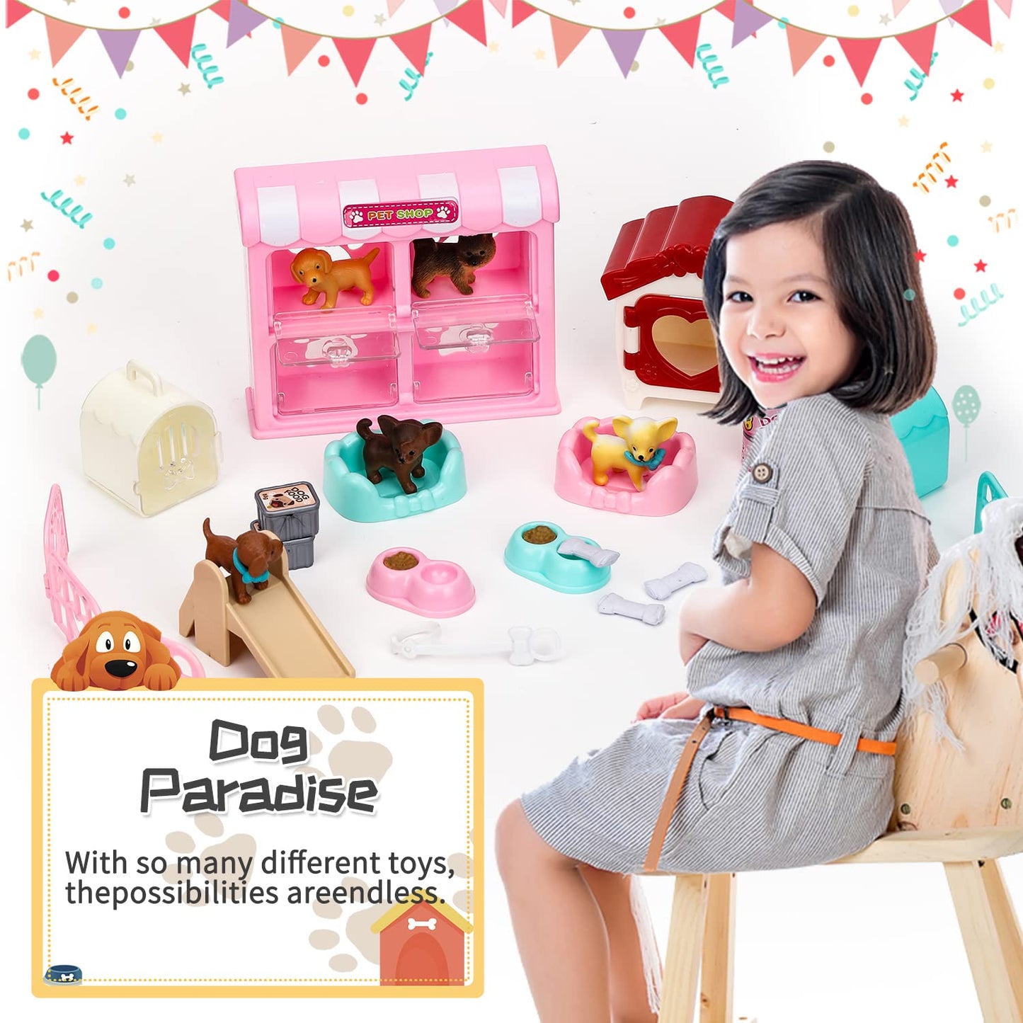 TQQFUN 32-Piece Dog Figures Play Set — Realistic Puppies & Pet Care Center for Imaginative Pretend Play
